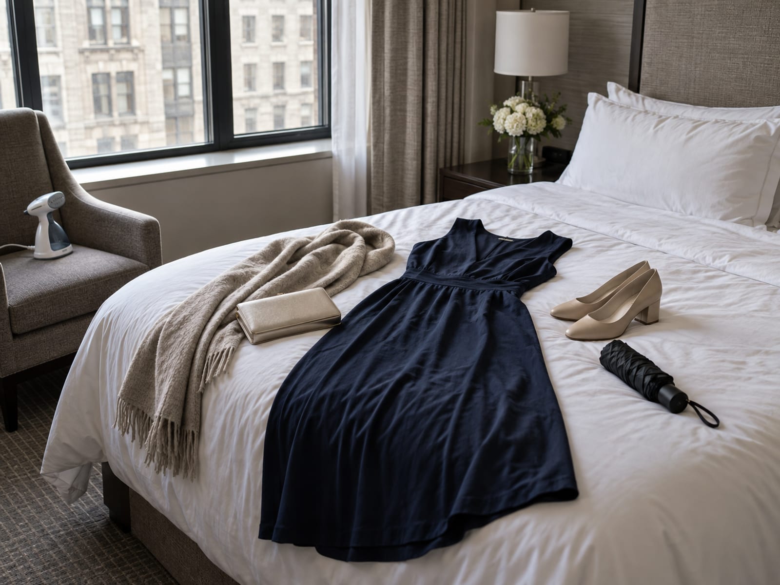 A wedding guest outfit laid on a made hotel bed in window light: a folded navy midi dress, low block-heel shoes, a light wool wrap, a small clutch and a compact umbrella, with a handheld garment steamer on a chair