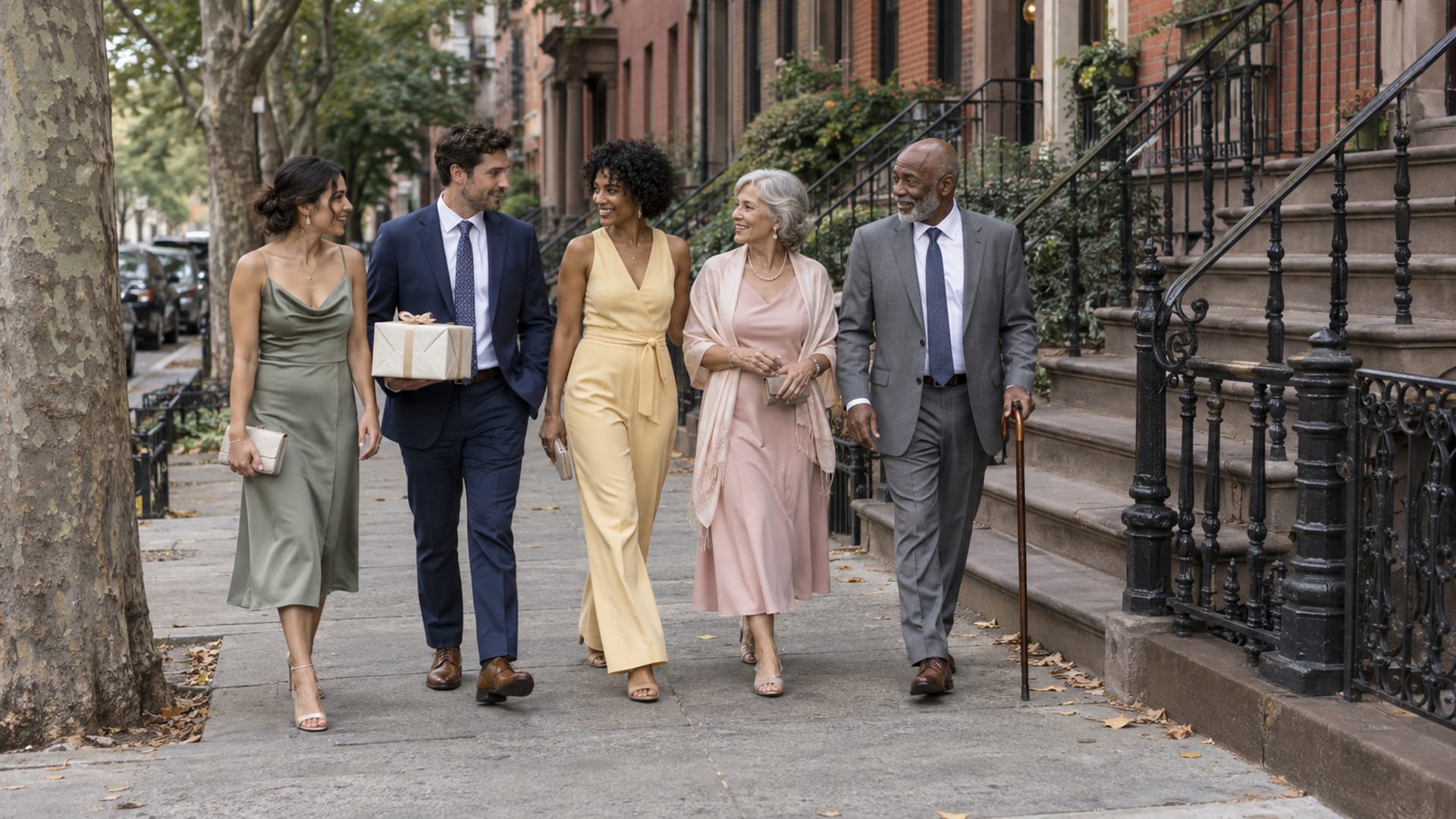 Five wedding guests in cocktail attire, from their twenties to their sixties, walk together along a Brooklyn sidewalk lined with brick rowhouses in early evening light, one holding a plainly wrapped gift and one walking with a wooden cane
