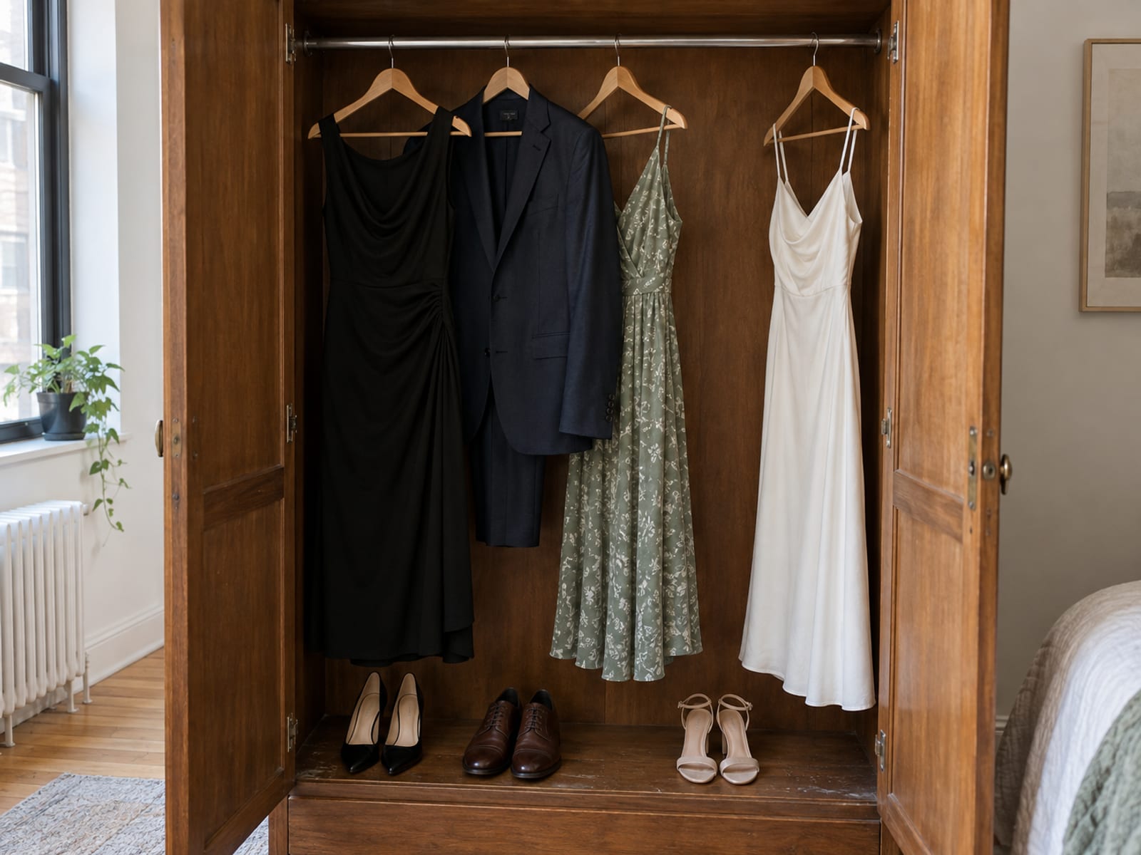 An open wardrobe in an apartment bedroom holding a black dress, a navy suit and a sage patterned dress on hangers, with a white dress hung slightly apart at the end, in soft window light