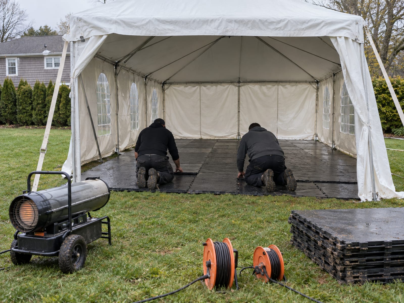 Two crew members seen from behind laying interlocking floor panels inside a half-raised white pole tent on a backyard lawn, a portable heater unit and cable reels on the grass under an overcast sky