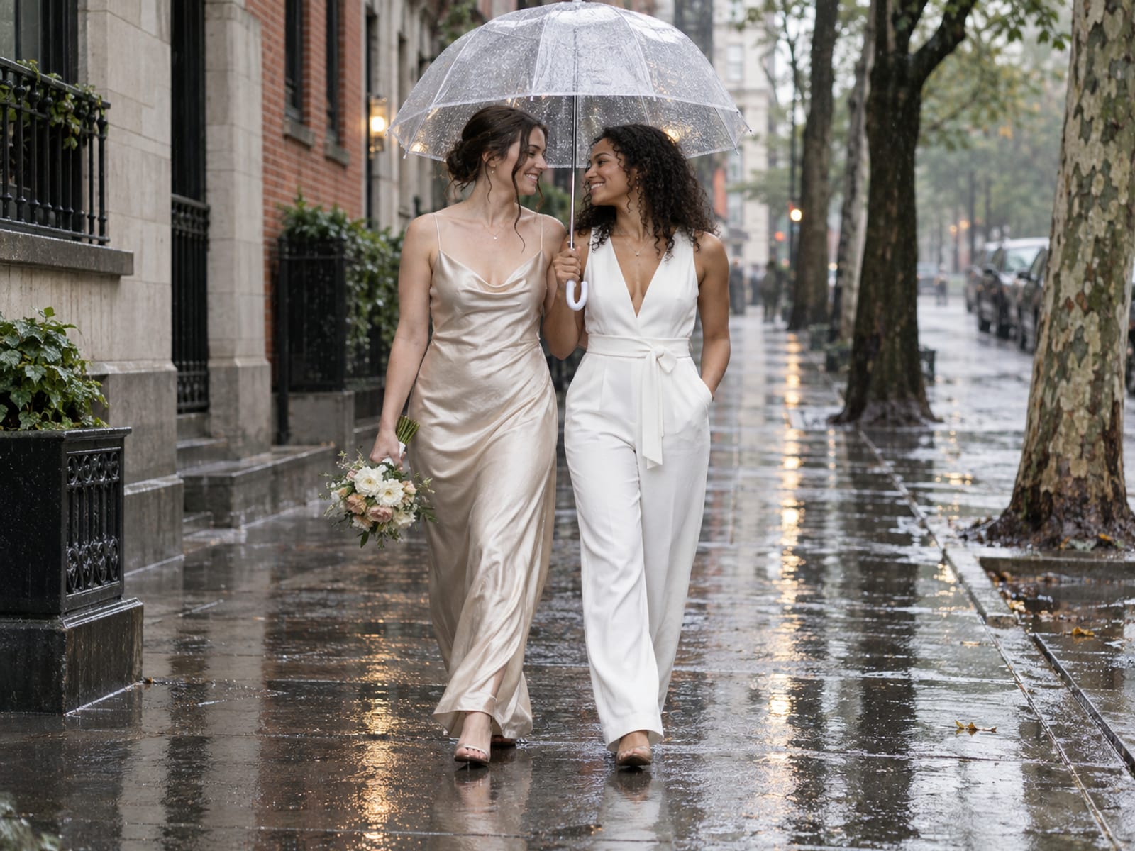 Two women in their twenties, one with pale skin in a champagne slip dress and one with golden brown skin in a white jumpsuit, sharing a large clear umbrella on a wet sidewalk under plane trees, brick building fronts reflected in the pavement