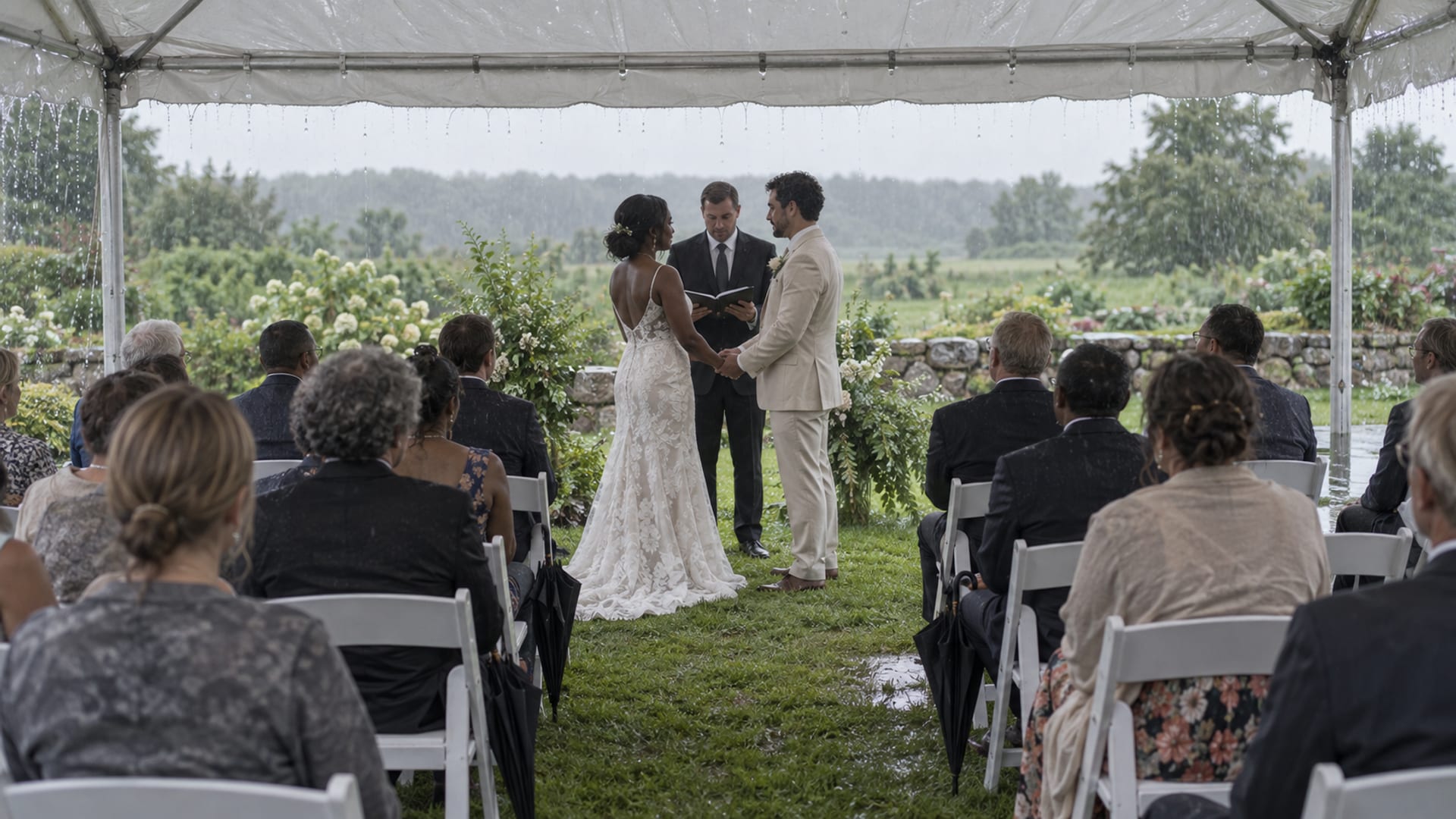 A wedding ceremony under a white tent on a garden lawn in steady rain, guests of mixed ages seated on white chairs, a woman in a lace dress and a man in a linen suit, one with deep brown skin and one with light olive skin, facing an officiant at the front as rain drips from the tent edge