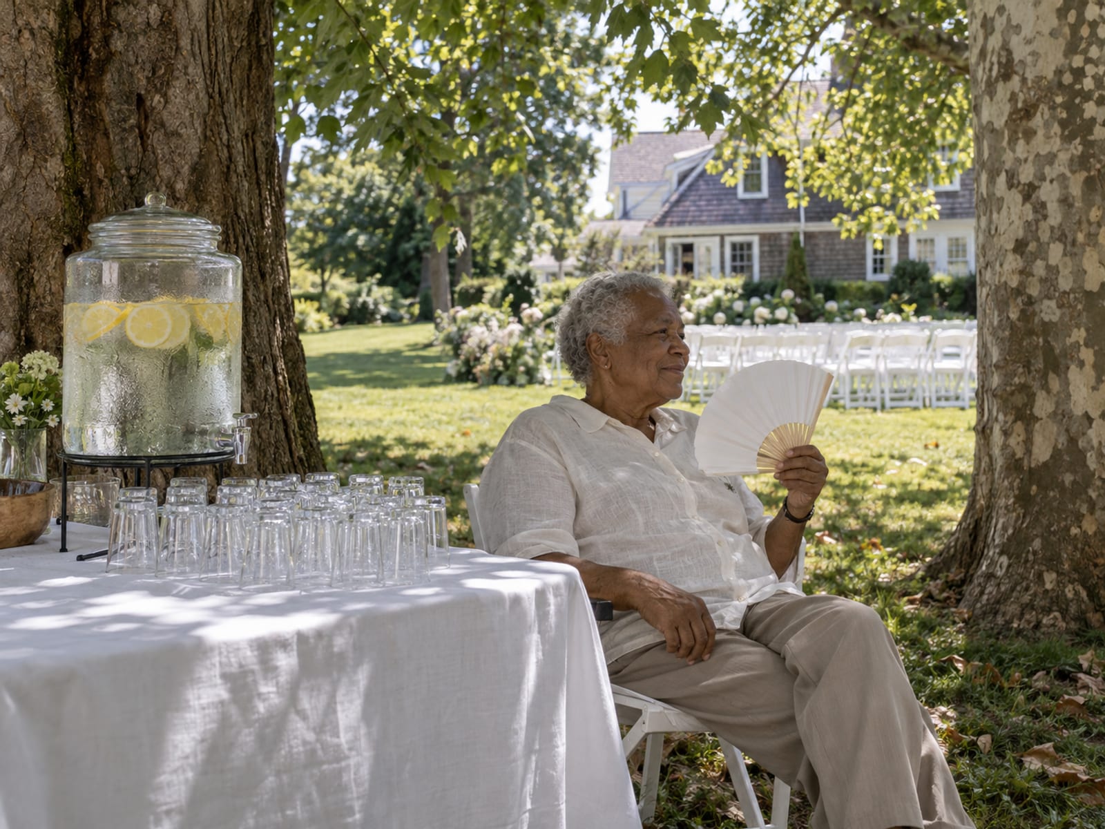 A shaded table under old trees at a summer garden wedding with a glass water dispenser of lemon slices and stacked glasses, a guest in their seventies resting on a chair with a plain paper fan, sunlit lawn beyond