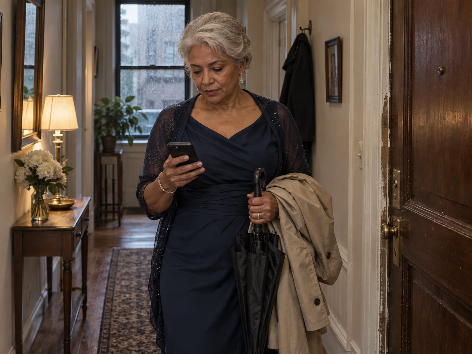 A wedding guest in their sixties in an apartment front hallway reading a message on a phone held with the screen facing away, a raincoat over one arm and a folded umbrella in the other hand