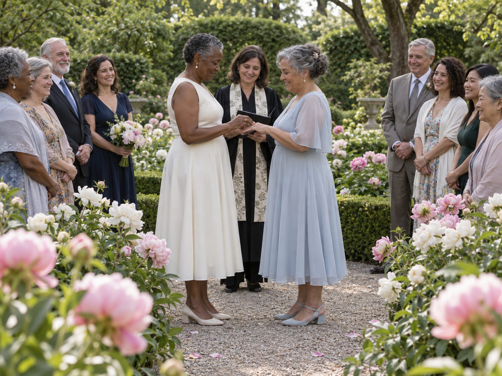 Two women in their sixties, one with deep brown skin and one with light olive skin, in an ivory midi dress and a pale blue tea-length dress, exchanging rings before an officiant on a gravel path between peony beds, about ten guests along the path