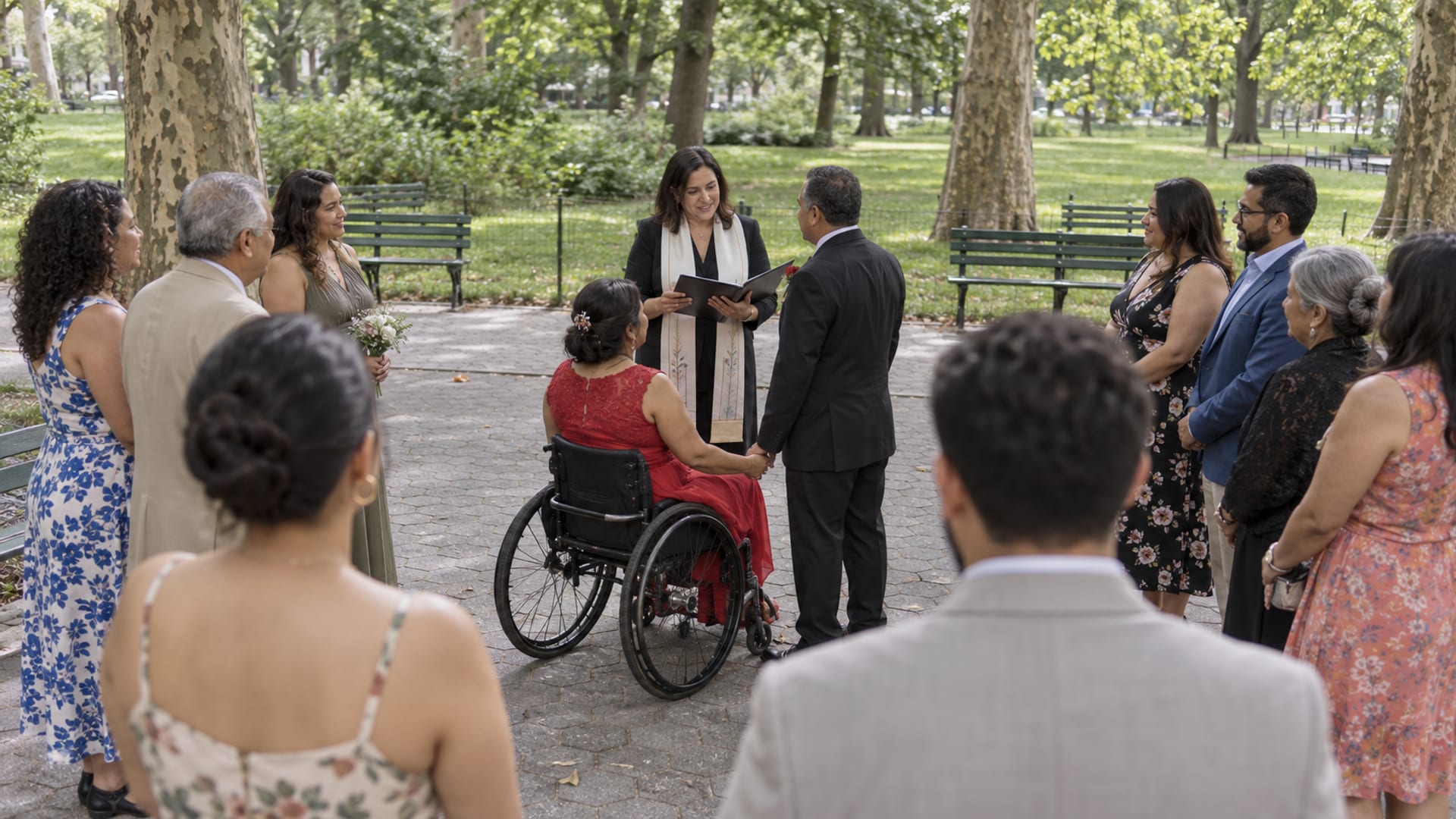 A small wedding ceremony at the edge of a park lawn under plane trees: a woman and a man in their fifties, both with golden brown skin, she in a red dress seated in a manual wheelchair and he in a black suit, facing an officiant with about twelve guests in a loose semicircle