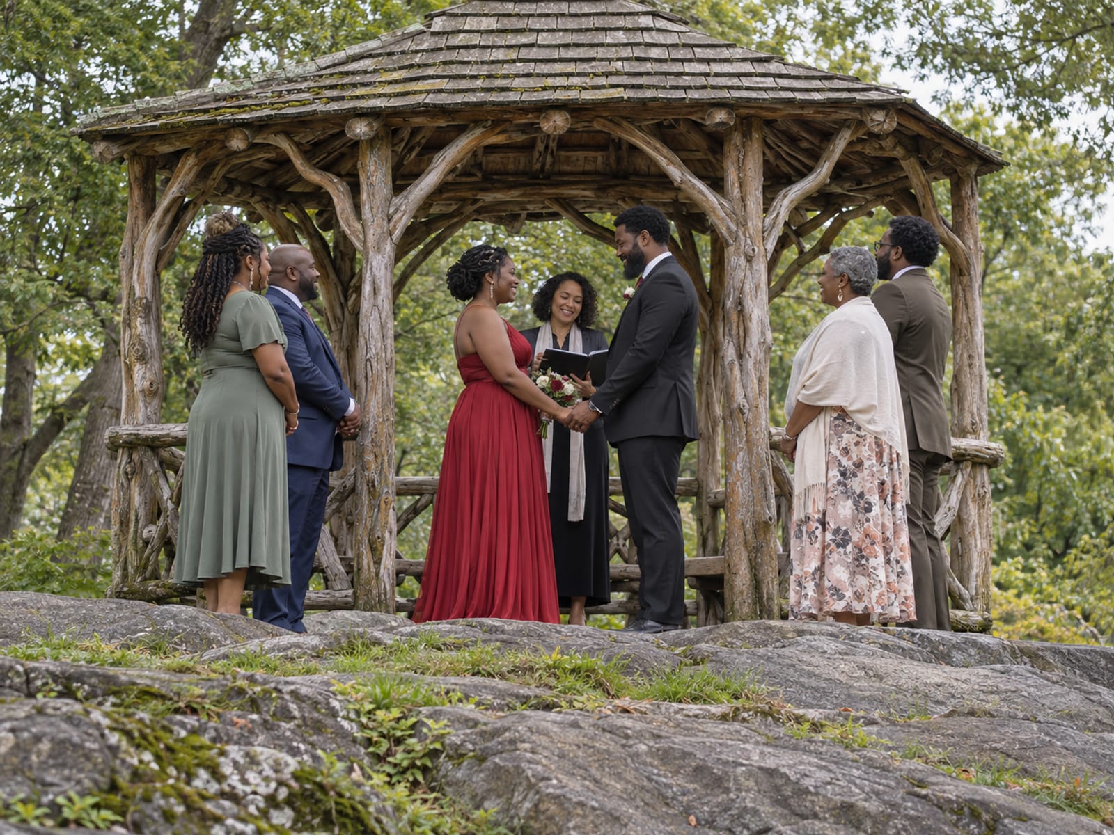 A woman in a red dress and a man in a black suit, both with deep brown skin, with an officiant and a few guests inside a rustic summerhouse of twisted branches on a rocky rise among trees in a city park