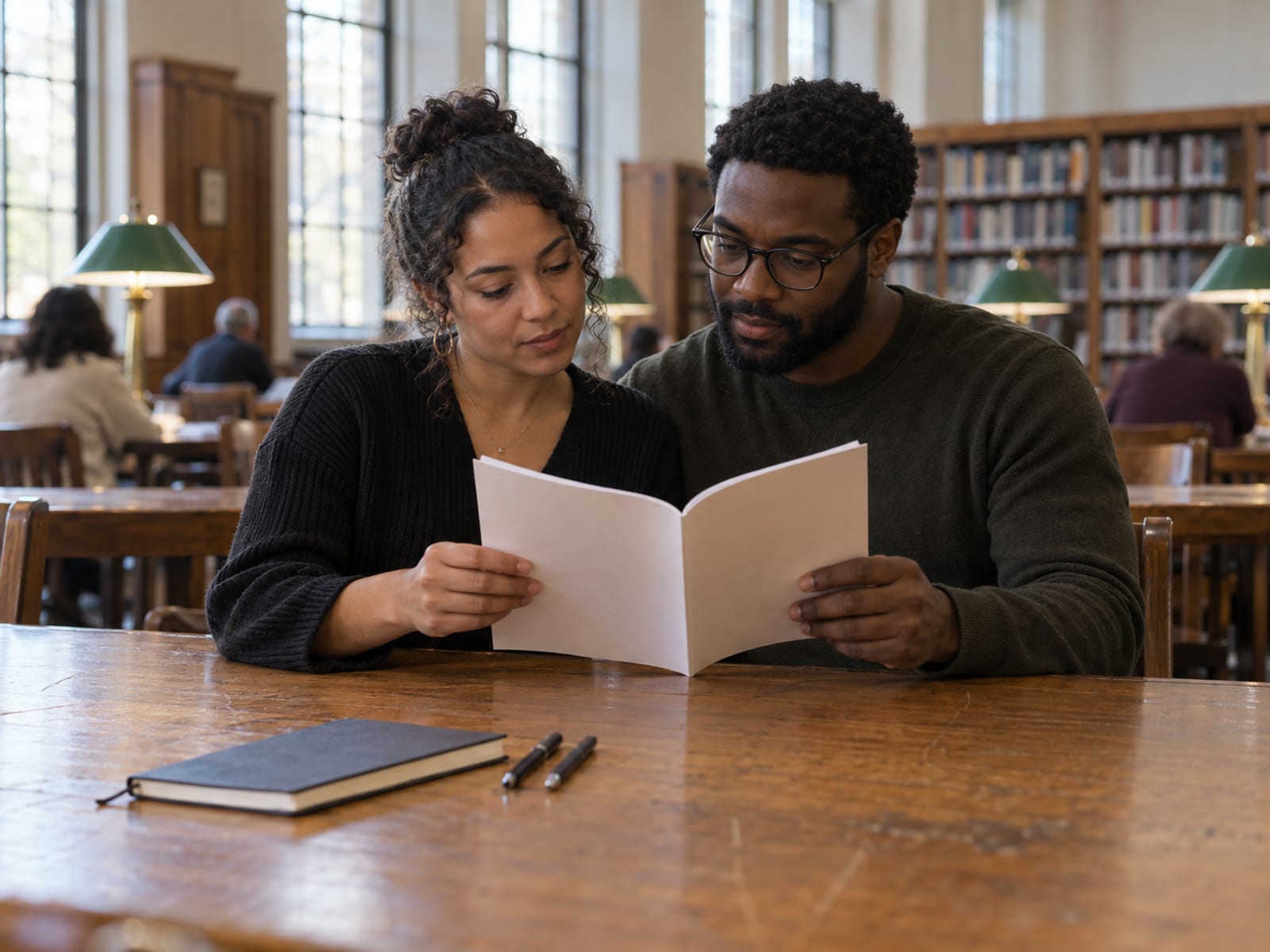 A woman and a man in their thirties, one with warm tan skin and one with dark brown skin, side by side at a wooden table in a quiet library reading room reading a plain printed booklet, a closed notebook and two pens in front of them