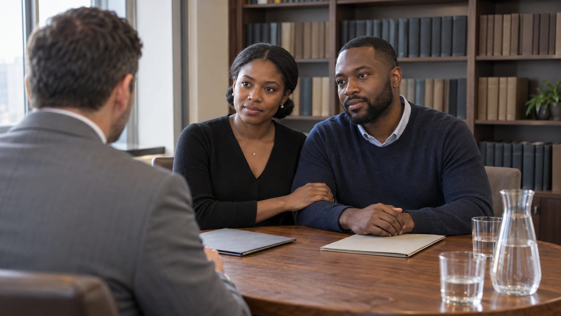 A woman and a man in their thirties, both with dark brown skin, sit side by side at a round table in a quiet law office conference room with closed folders in front of them, a lawyer seen from behind and bookshelves out of focus in morning light
