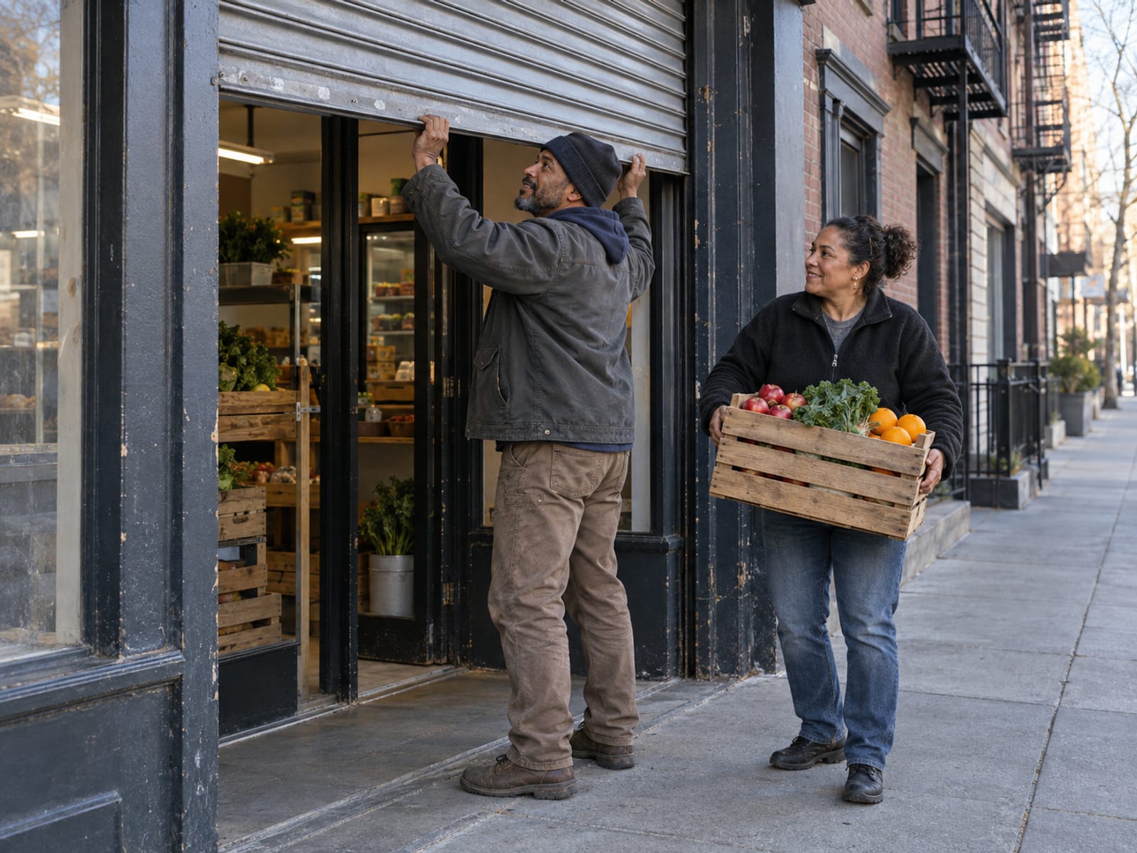 A person in their forties raising the roll-down gate of a small Bronx neighborhood shop in the early morning while their partner stands beside them holding a crate of fresh produce, the shop front plain with no lettering