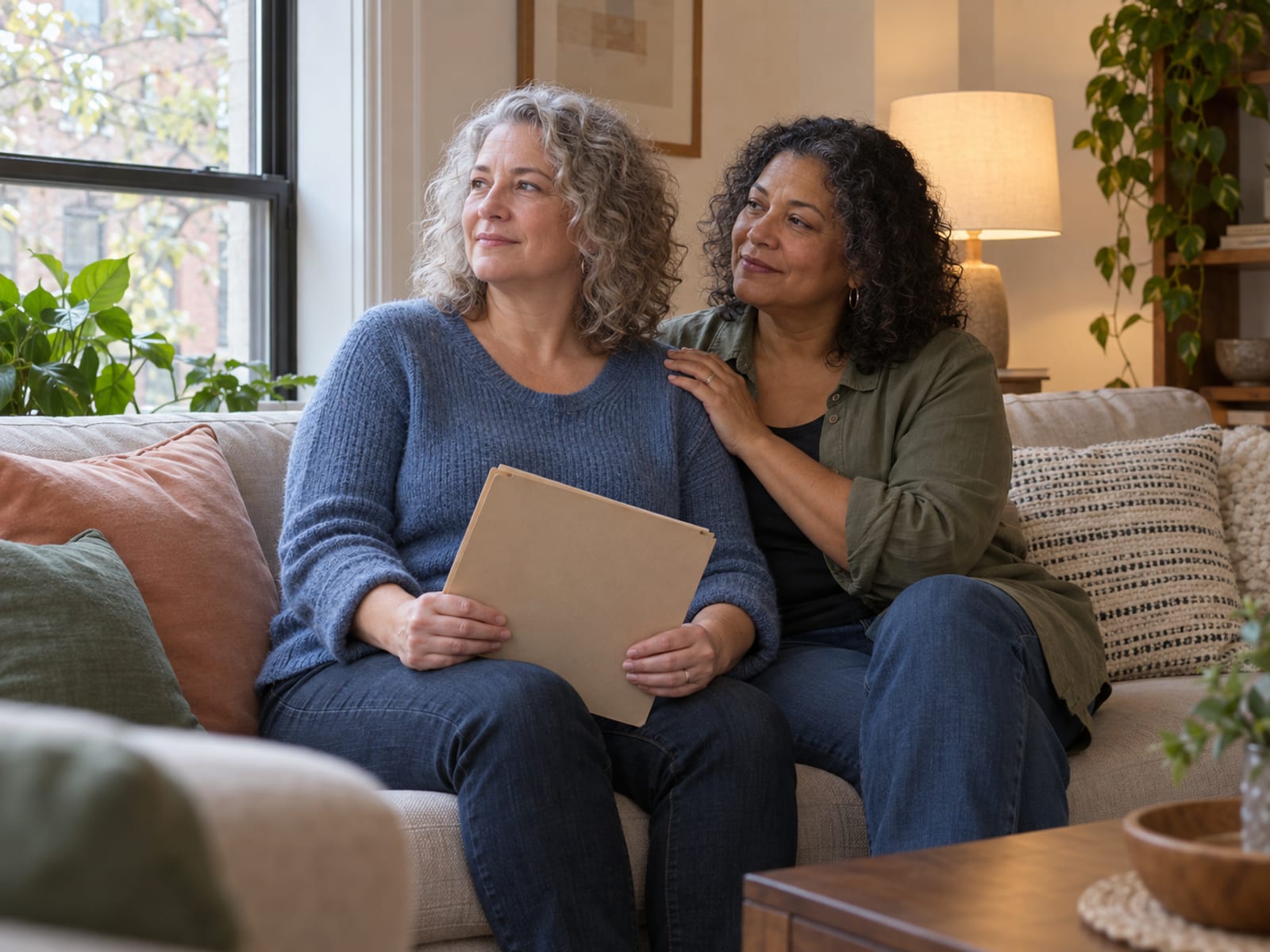 A woman in her fifties with pale skin on a sofa holding a closed stiff cardboard document folder and looking out the window, her partner, a woman with golden brown skin, beside her with a hand on her shoulder