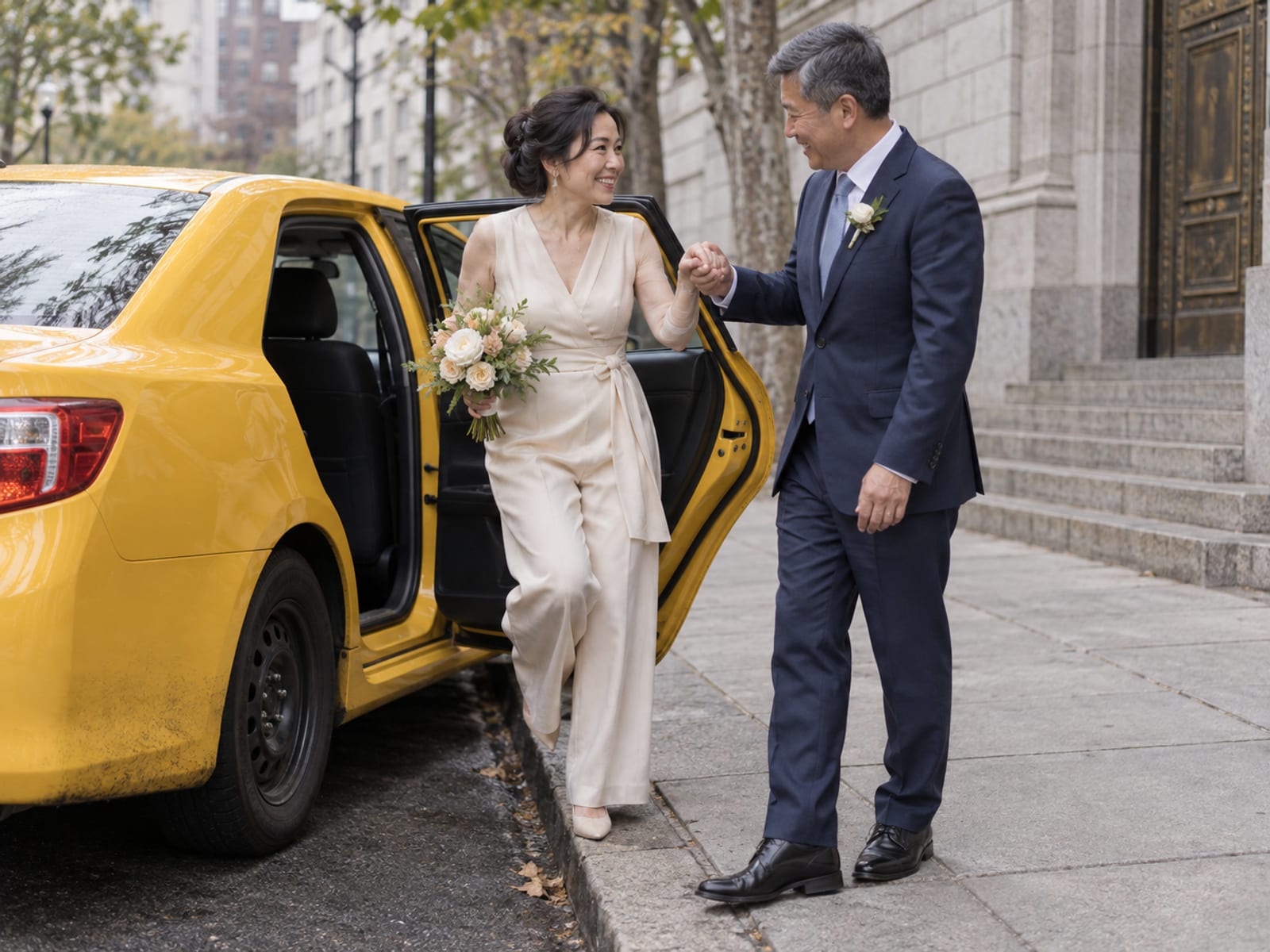 A woman in a champagne jumpsuit and a man in a navy suit, in their fifties with light skin and East Asian features, stepping out of a plain yellow taxi onto a downtown curb, one holding a bouquet, a granite building behind
