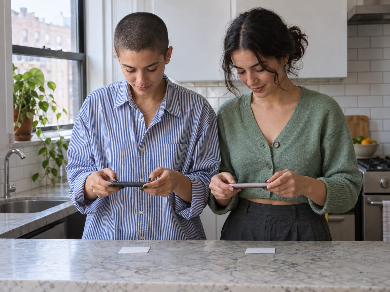 Two people in their twenties with light olive skin at a kitchen counter, each photographing their own ID card with a phone held flat above it, the phones seen edge-on