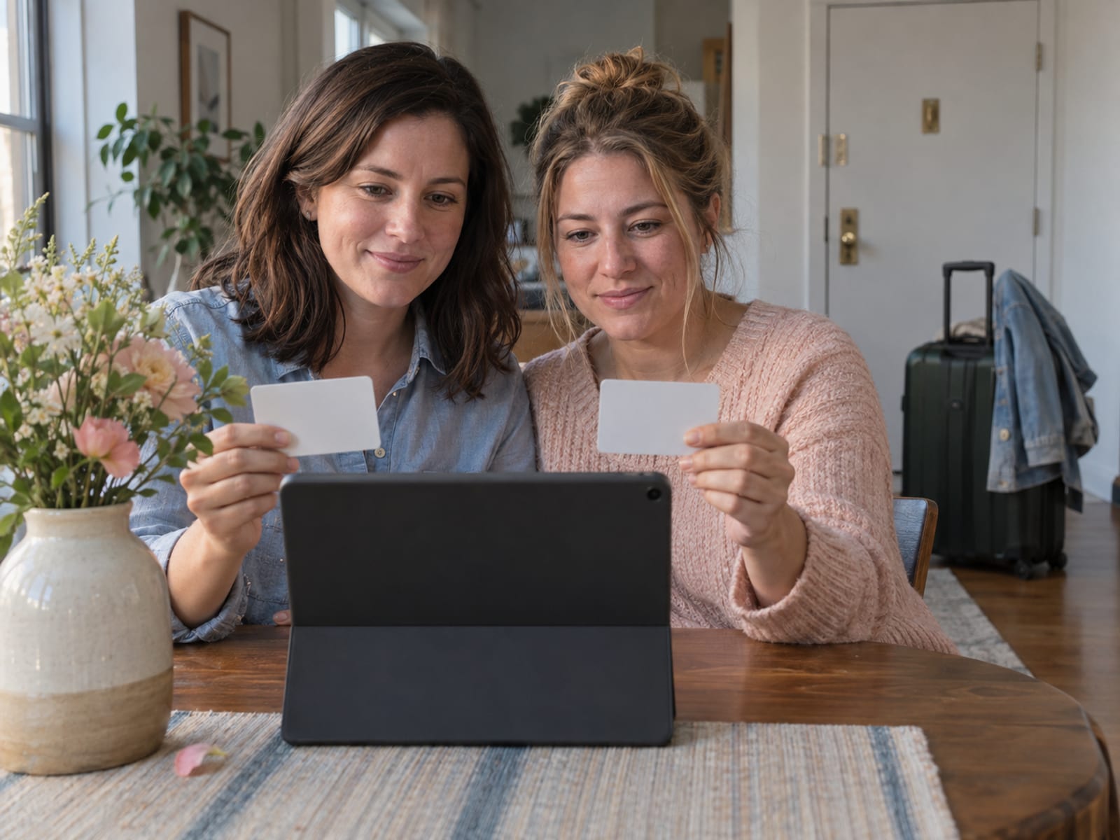 Two women in their thirties with fair skin at a dining table facing a tablet propped against a vase, the screen hidden, both holding up ID cards with blank backs, a packed carry-on by the door