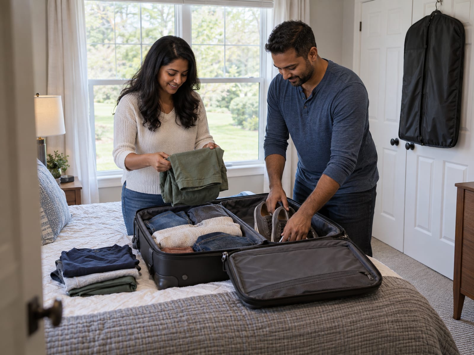 A woman and a man in their thirties with medium brown skin packing a suitcase on a bed in a suburban house bedroom, a zipped garment bag hanging on the closet door