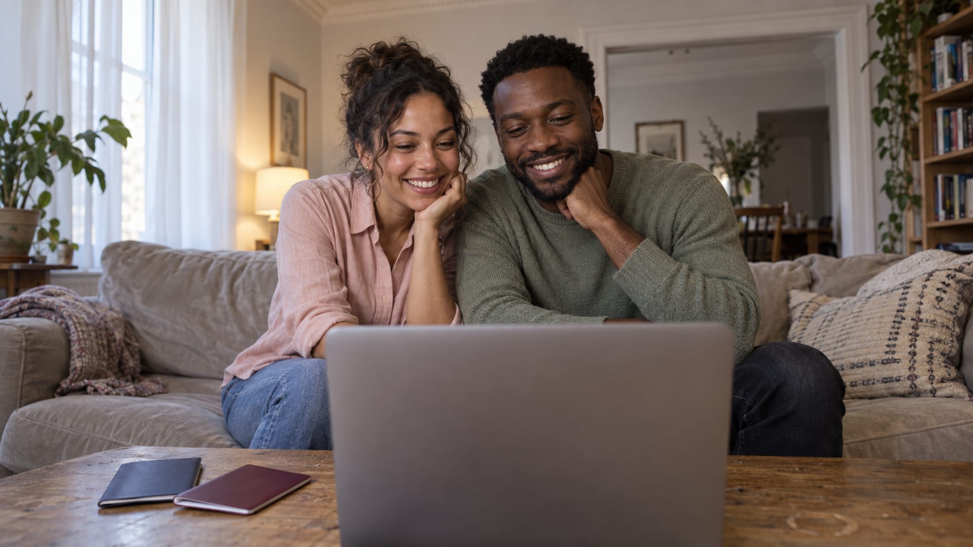 A woman with warm tan skin in a blush shirt and a man with dark brown skin in a sage sweater, both in their thirties, on a sofa in a prewar living room facing a laptop on a coffee table, seen from behind the laptop lid, two closed passports on the table