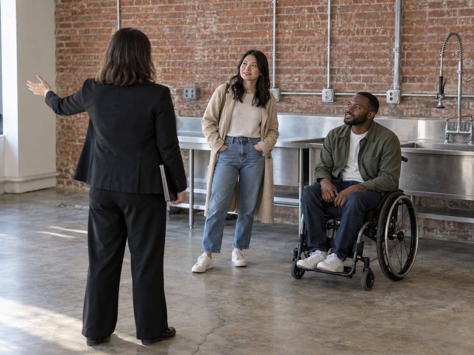 A venue manager seen from behind showing a woman with light skin and East Asian features and a man with deep brown skin the bare back kitchen of a loft, one using a manual wheelchair across smooth concrete, a steel prep counter, commercial sink and heavy-duty outlets on a brick wall