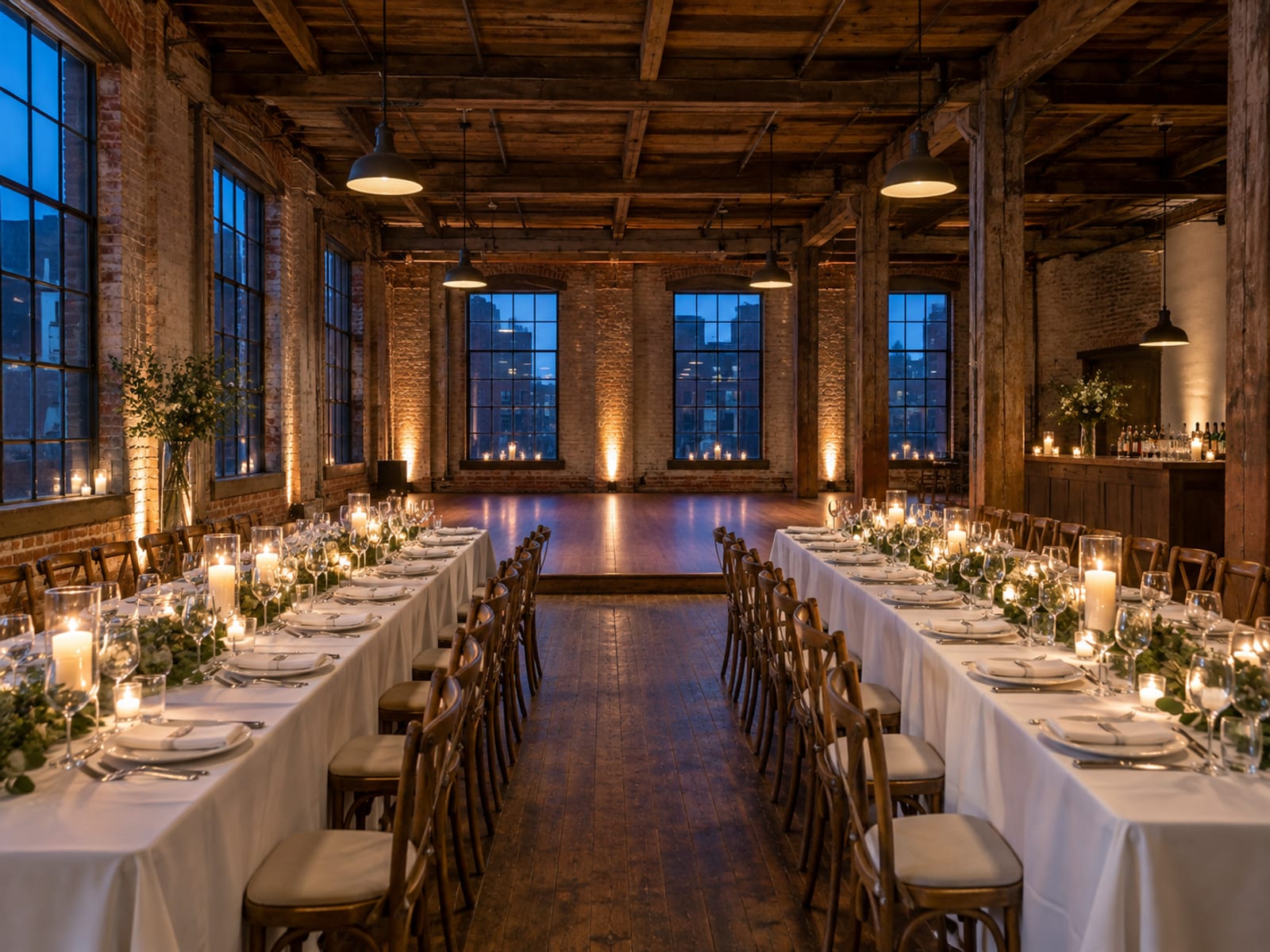 A raw loft fully set for a wedding dinner at dusk with long tables in white linen and candles, simple pendant lights rigged from old timber ceiling beams, a small bar in one corner and a wooden dance floor at the far end, no people