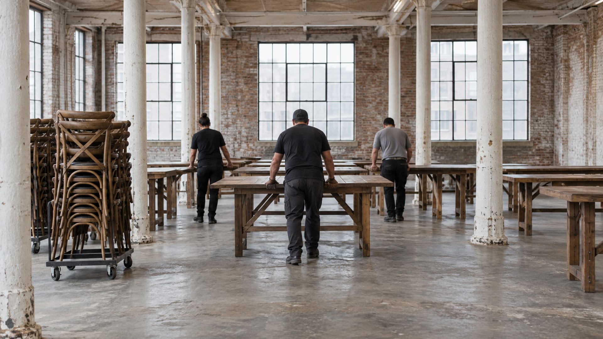 A rental crew seen from behind setting long farm tables in rows between white painted cast iron columns on a bare concrete floor, stacks of cross back chairs on dollies, big steel framed windows letting in soft daylight