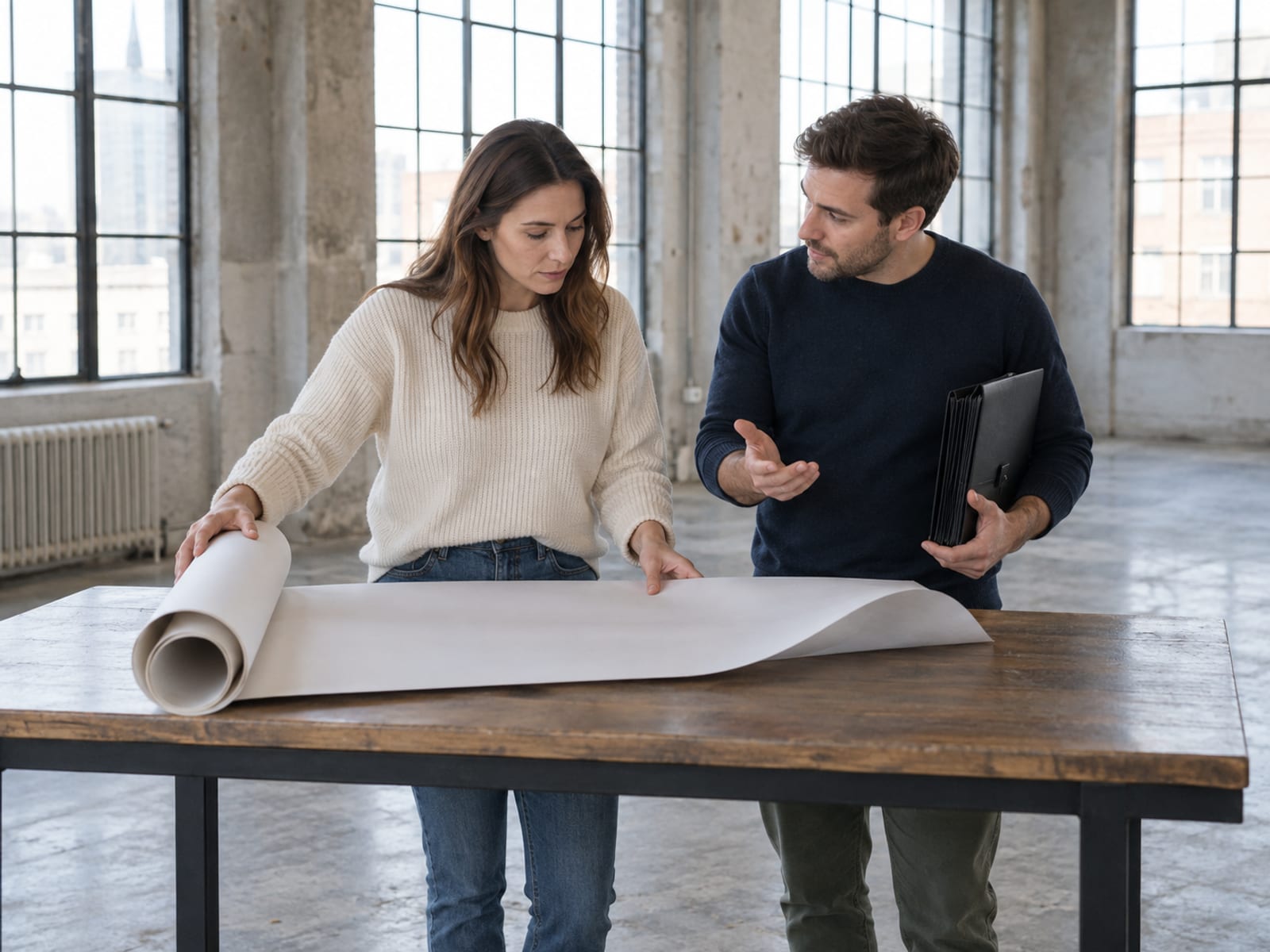 A woman and a man in their thirties, both with fair skin, in everyday clothes at a tall table in an empty loft in the afternoon, one partly unrolling a large floor plan with the drawn side facing away and the other holding a closed expanding document folder