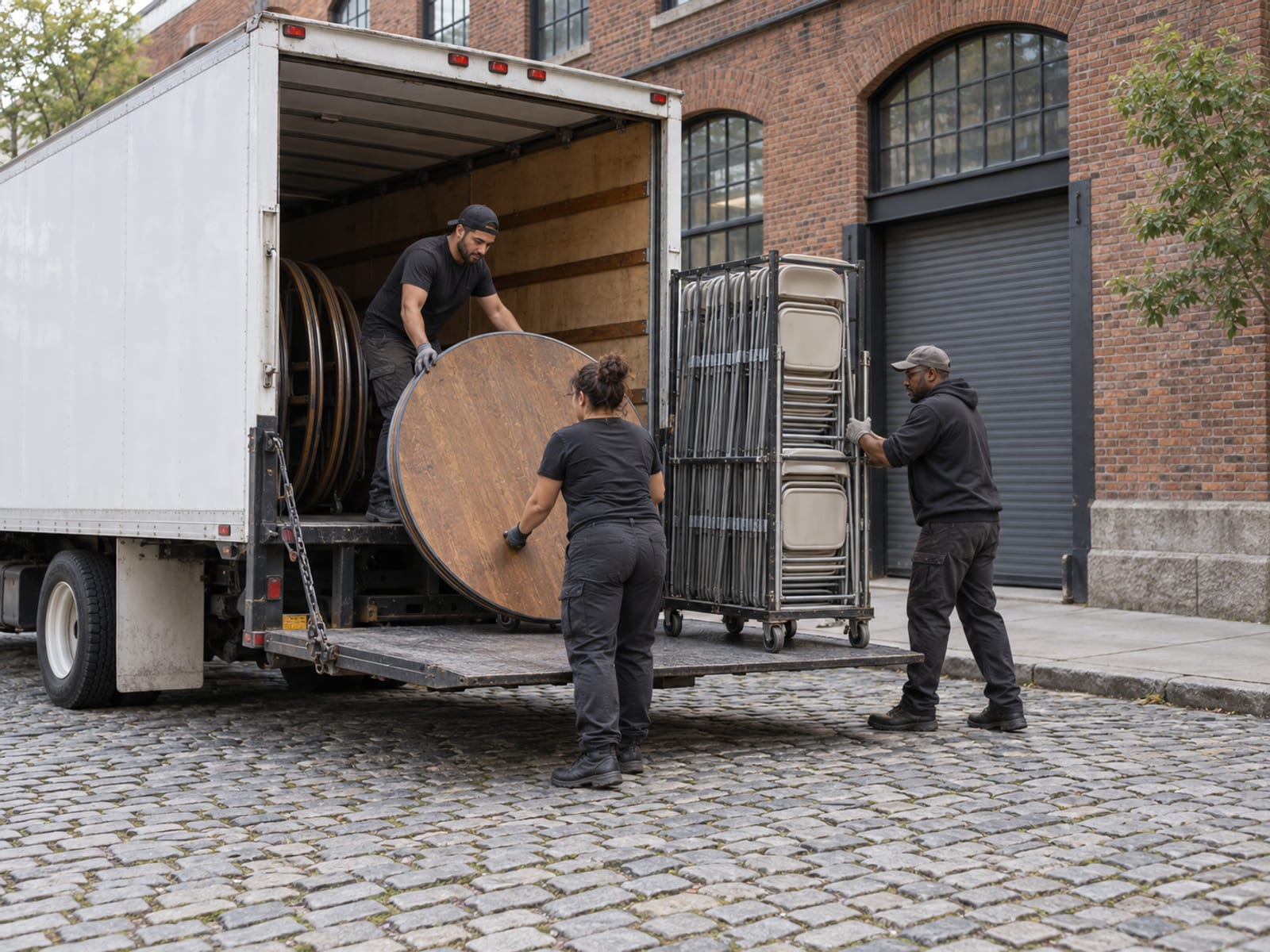 A rental crew unloading folded round tables and a rolling rack of folding chairs from a box truck with its lift gate lowered on a Belgian block street outside an old brick warehouse in Brooklyn