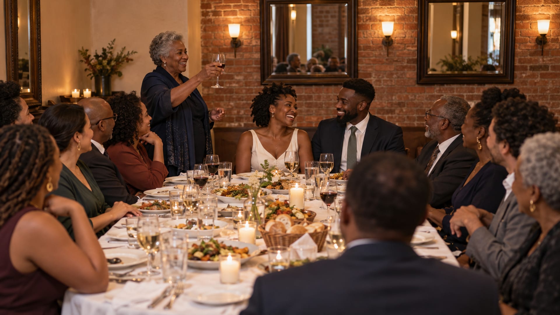 A long table of about sixteen guests of mixed ages in the warmly lit back room of a family-run restaurant, a parent in their sixties standing with a glass raised for a toast while a woman and a man in their thirties, both with deep brown skin, laugh at the center of the table