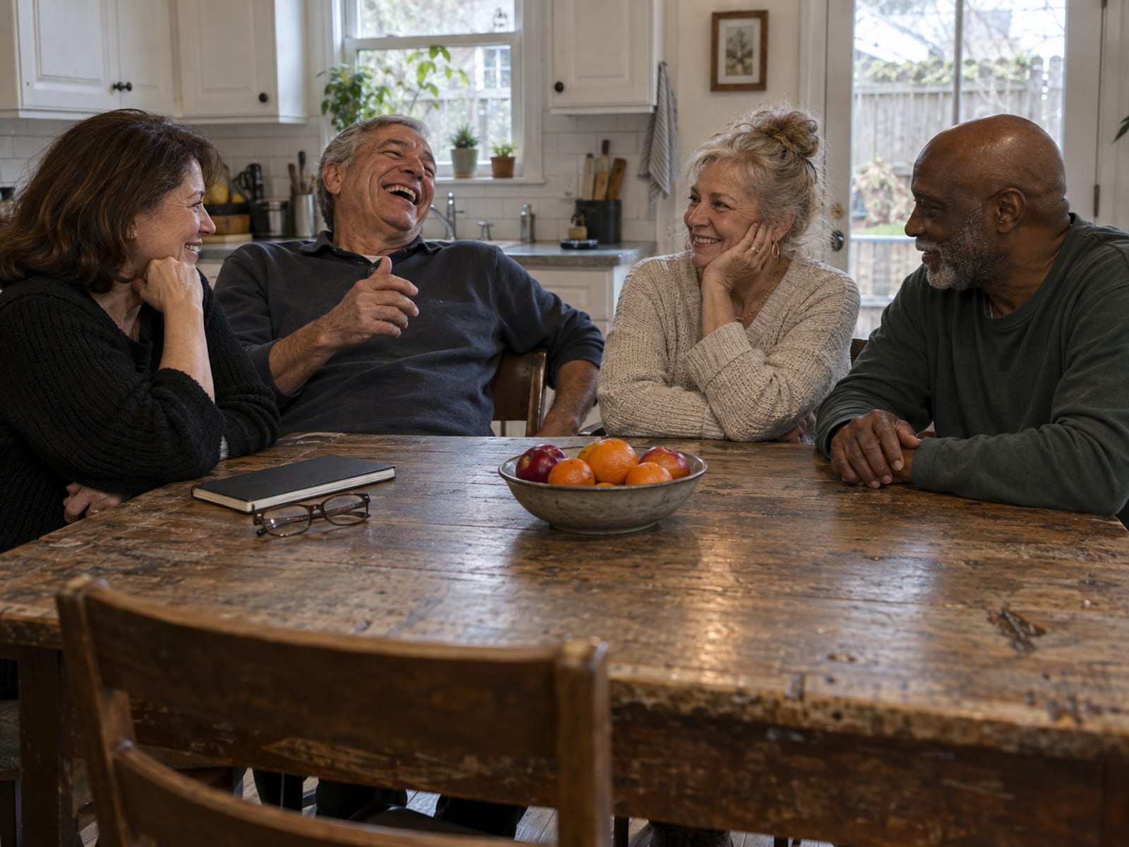 Four parents in their fifties and sixties sitting around a kitchen table in a Staten Island house on a weekend afternoon, one laughing while the others listen, a closed notebook and reading glasses on the table