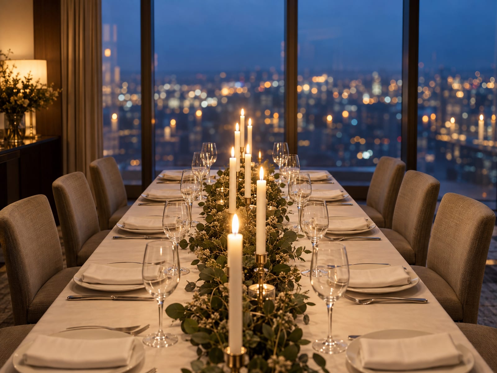 A high-floor private dining room with floor-to-ceiling windows and one long table set for ten in white linen with tall candles, the city outside only a soft blur of lights at dusk