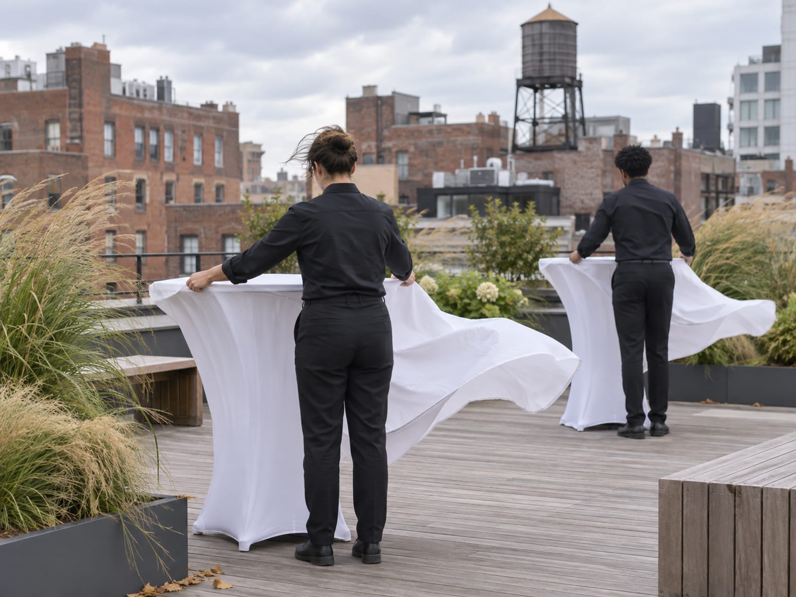 Catering staff seen from behind setting tall cocktail tables on an open roof deck with planters, the wind lifting the white tablecloths, brick rooftops around
