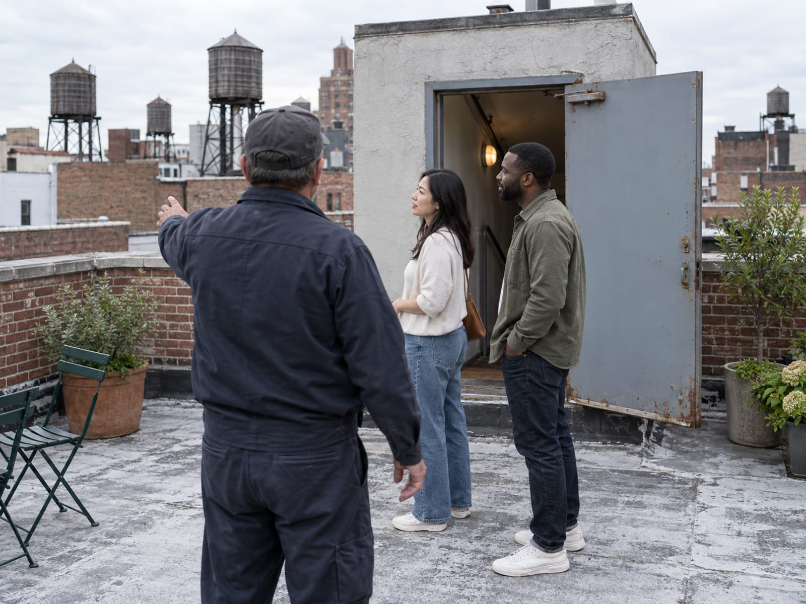 A building superintendent seen from behind showing a woman and a man in their thirties, she with light skin and East Asian features and he with deep brown skin, the flat roof of a brick apartment building with a metal bulkhead door, a parapet and potted plants