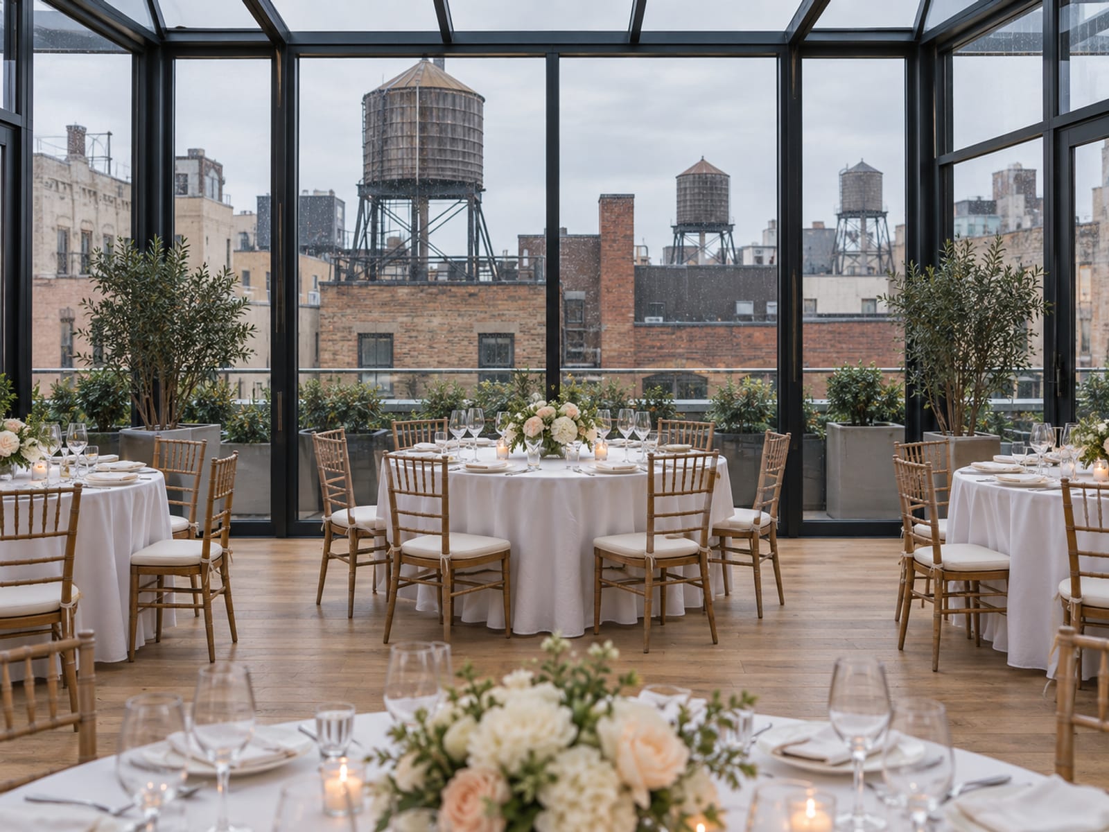 An enclosed glass-walled rooftop event room with round tables set in white linen, neighboring rooftops and wooden water towers seen through the glass