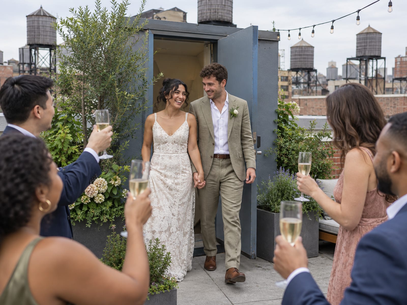 A woman in a lace dress and a man in a linen suit in their twenties, one with medium olive skin and one with fair skin, stepping out through a roof door onto a planted terrace where friends wait with glasses raised, water towers on nearby roofs