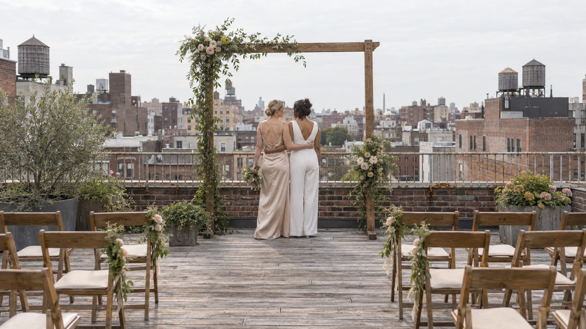 A rooftop terrace set with rows of chairs and a simple arch for a ceremony, wooden water towers on neighbouring roofs, two women in their forties, one with pale skin and one with golden brown skin, at the railing in a champagne slip dress and a white jumpsuit
