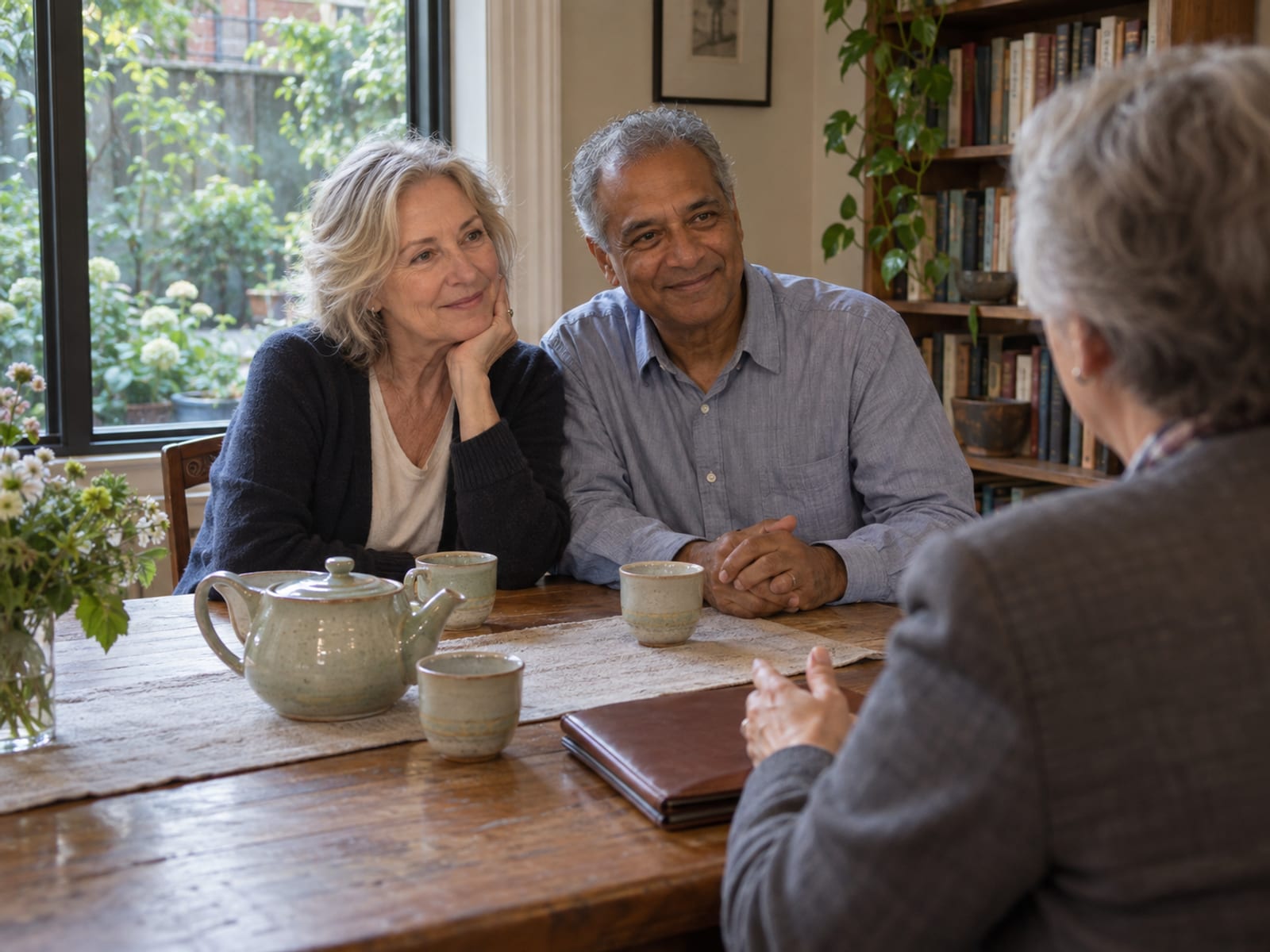 A woman and a man in their sixties, one with pale skin and one with golden brown skin, at the dining table of their garden apartment talking with a celebrant in their sixties seen from behind holding a closed leather planner, a teapot and three cups on the table