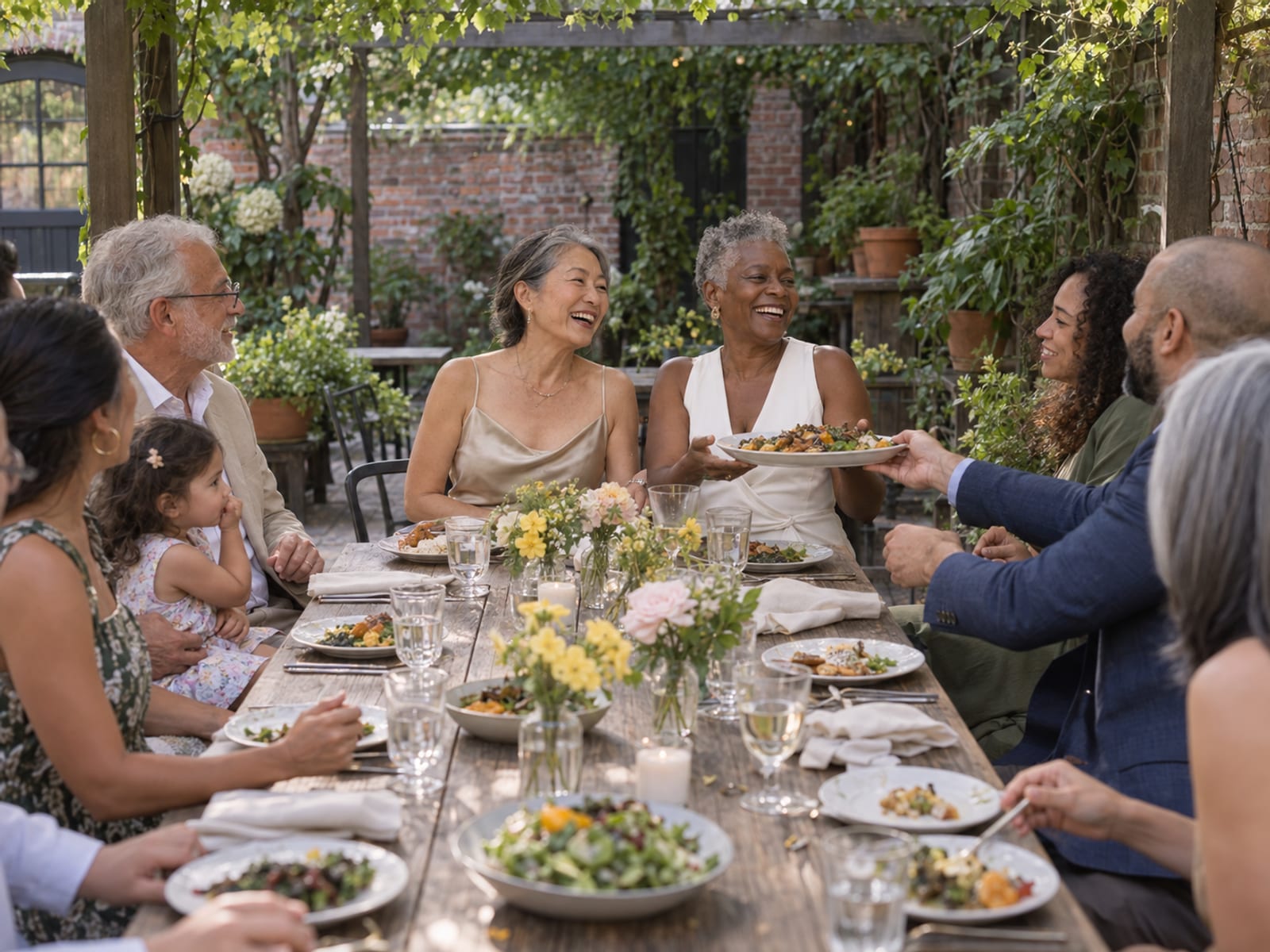 Two women in their sixties in wedding clothes, one with light skin and East Asian features in a champagne slip dress and one with deep brown skin in a white jumpsuit, at a long table with about ten family members under a vine-covered pergola, plates being passed and a grandchild on a relative's lap