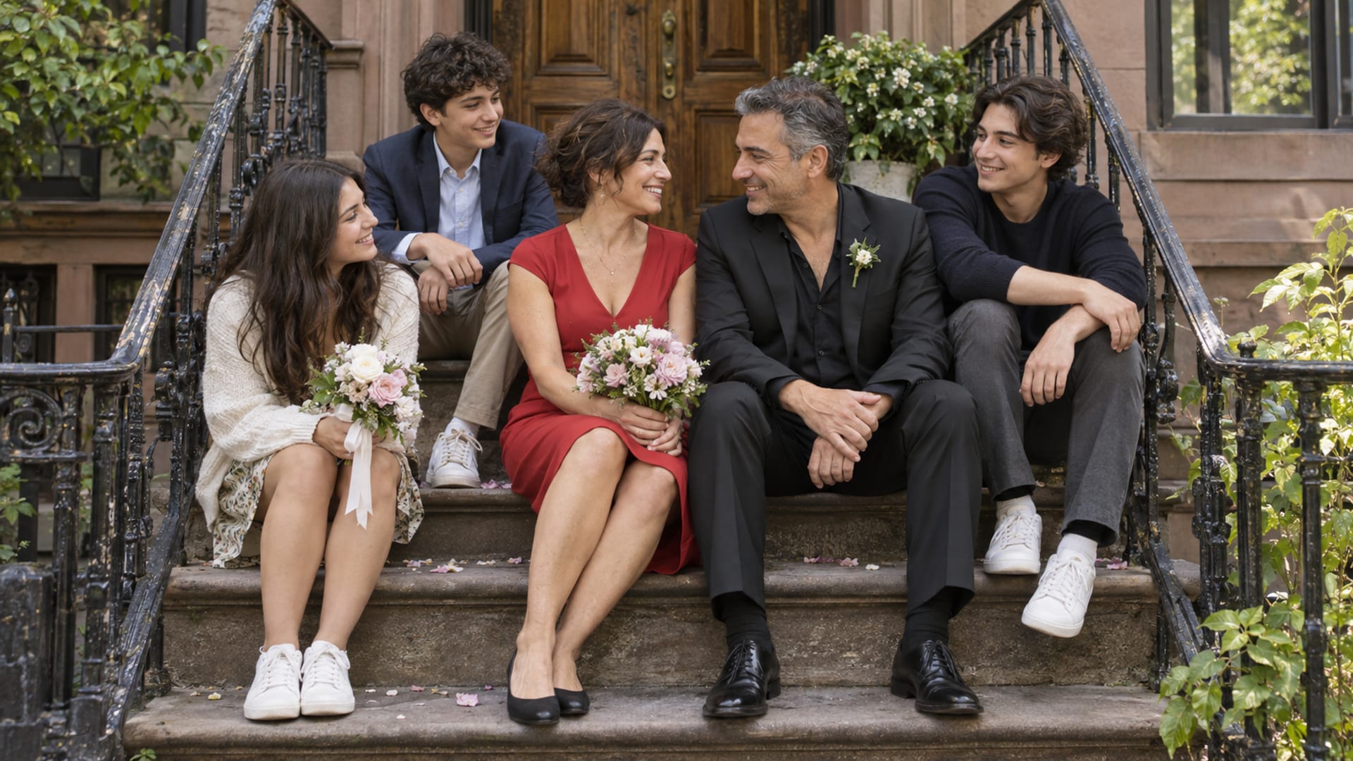 A couple in their fifties, both with light olive skin, she in a red dress and he in a black suit, on a brownstone stoop with three children from earlier marriages, two teenagers and one in their early twenties, one teenager holding a small bouquet, cast-iron railings and spring leaves