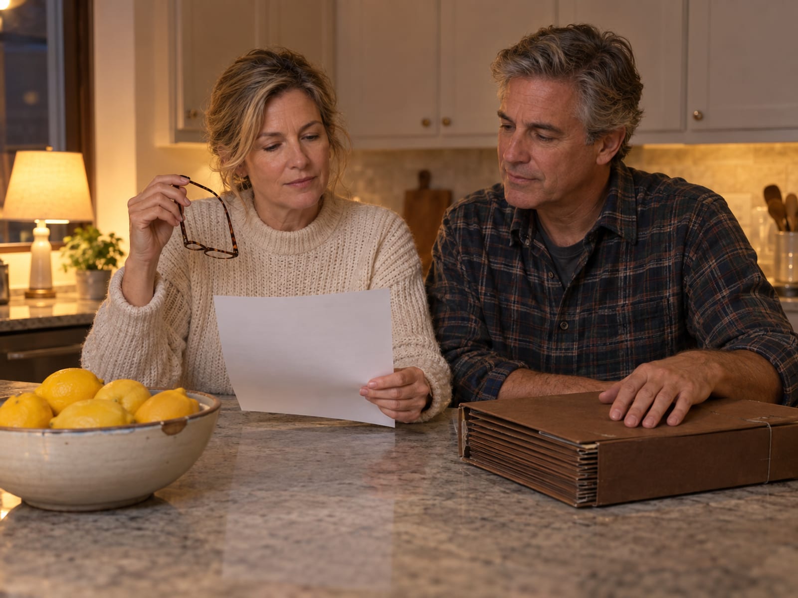 A woman and a man in their fifties, both with fair skin, at a kitchen island in the evening going through a closed accordion file, one holding reading glasses and a single sheet with its blank back to the camera, a lamp and a bowl of lemons on the counter