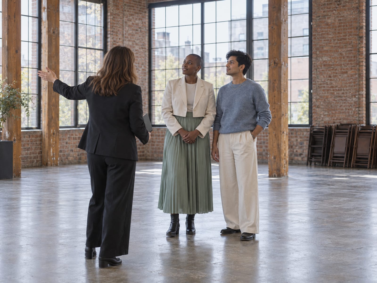 Two people in their thirties, one with dark skin and one with light tan skin, shown around an empty event loft by a venue manager seen from behind, a polished concrete floor, tall steel windows and stacked chairs by a brick wall