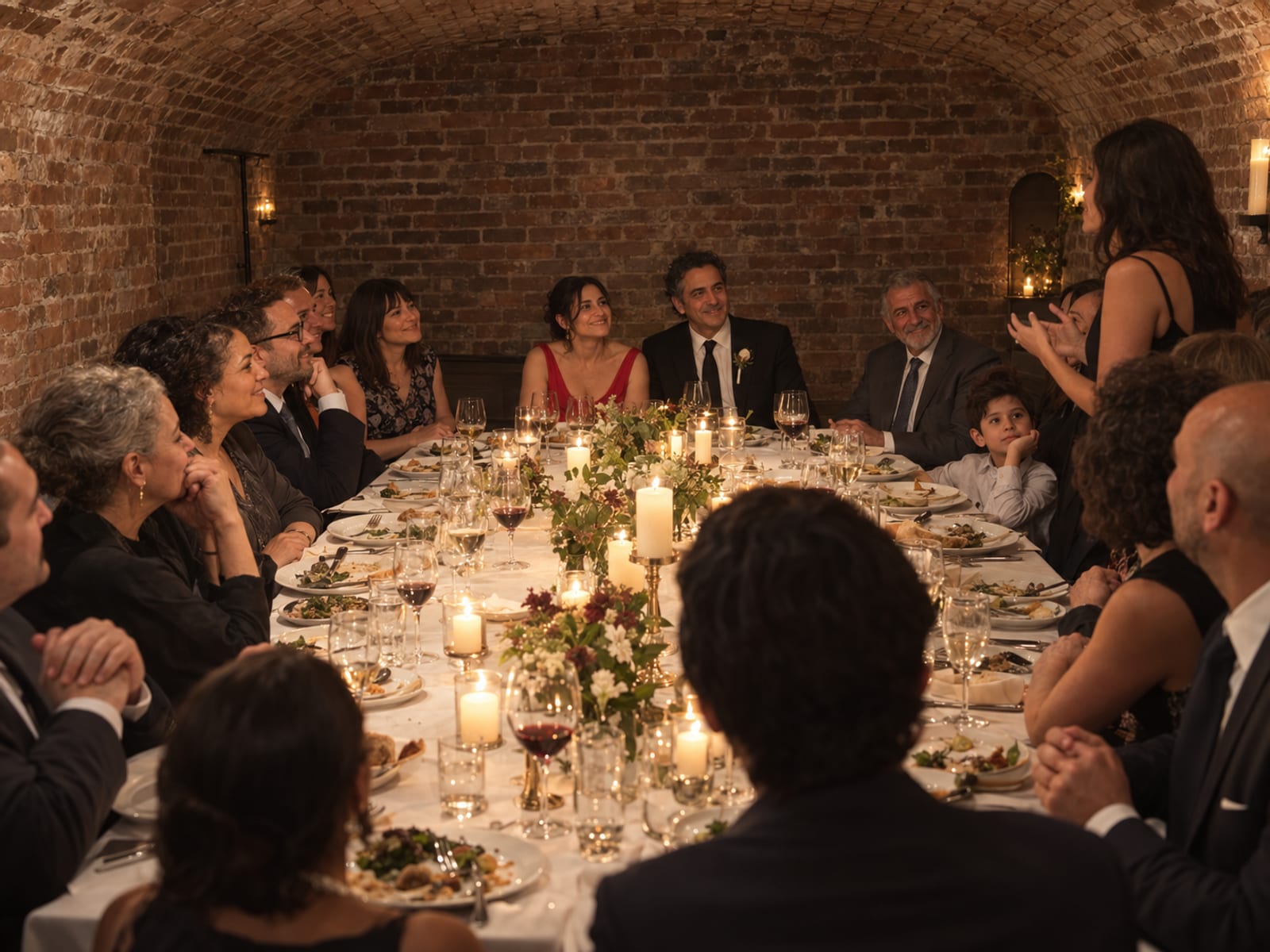 A small wedding dinner in a Brooklyn restaurant private room with a vaulted brick ceiling, about eighteen guests of mixed ages at one long candlelit table, a woman in a red dress and a man in a black suit in their forties, both with light olive skin, at the centre