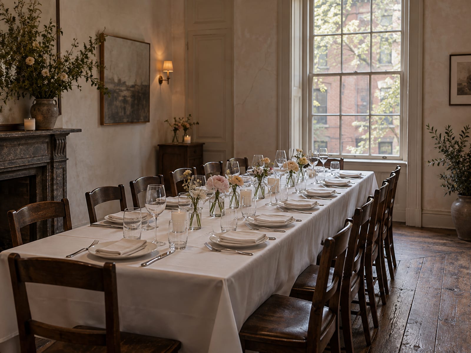 A restaurant private dining room set for fourteen with one long white-linen table, low bud vases and unlit candles, late afternoon light coming through a tall window