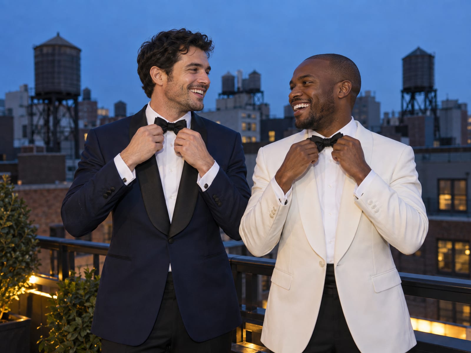 Two wedding guests in their thirties on a rooftop terrace at dusk, one in a midnight blue dinner jacket with a shawl lapel and one in a white dinner jacket, both straightening black bow ties, wooden water towers soft on neighboring roofs