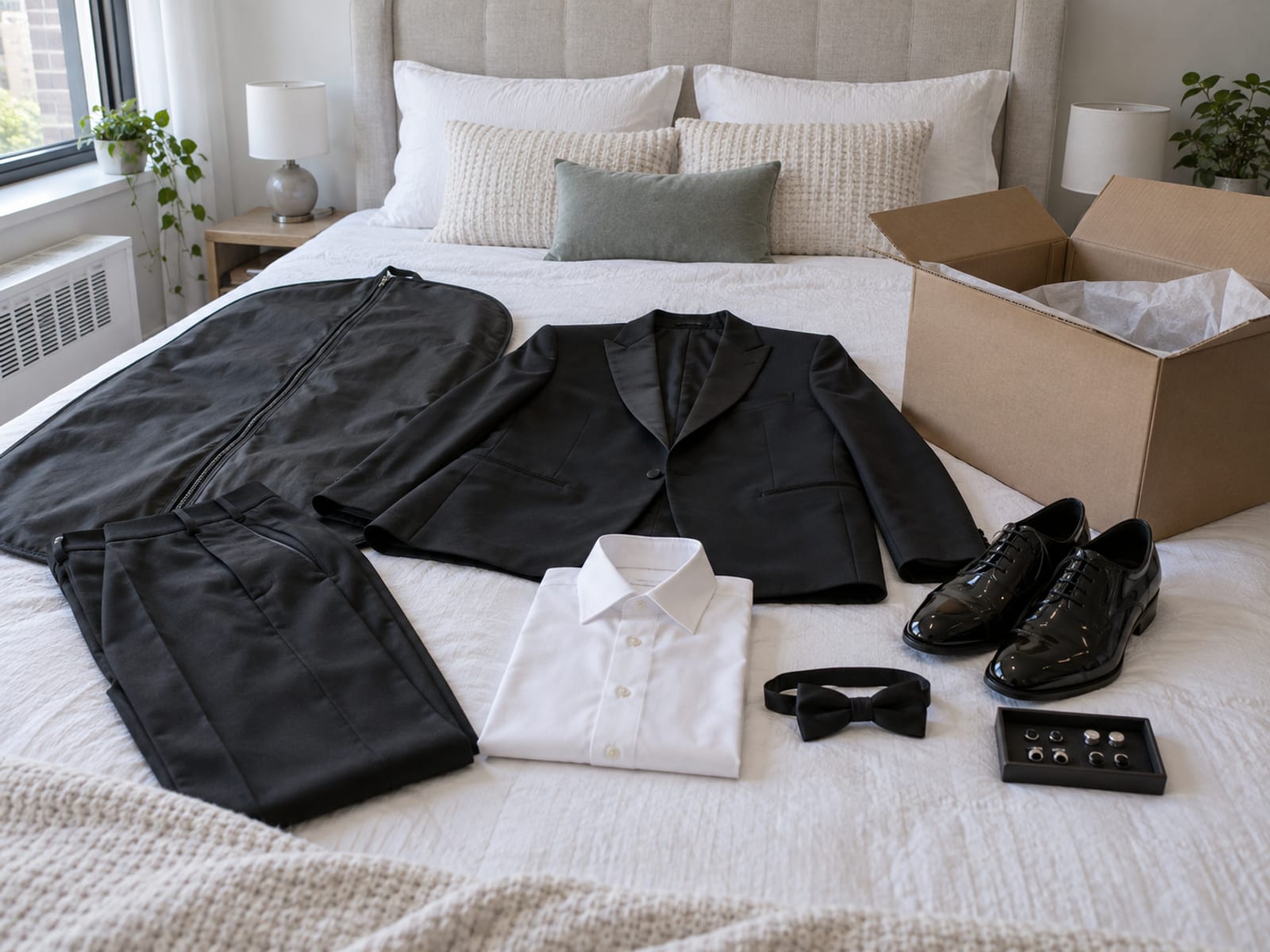 A rental delivery unpacked on a made bed in an apartment: a black tuxedo jacket and trousers beside their garment bag, a folded white formal shirt, a black bow tie, black patent shoes and a small tray of shirt studs and cufflinks, the plain shipping box open beside them