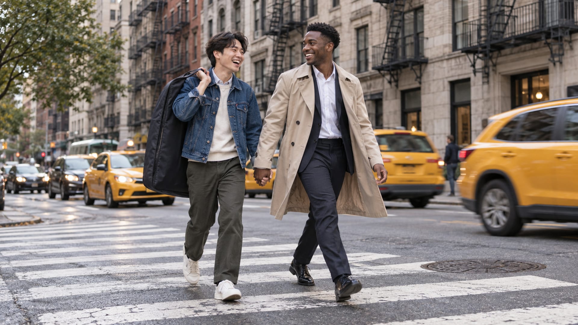 Two laughing men in their twenties, one with light skin and one with deep brown skin, hurrying across a downtown crosswalk, one carrying a garment bag over a shoulder, blurred yellow taxis behind
