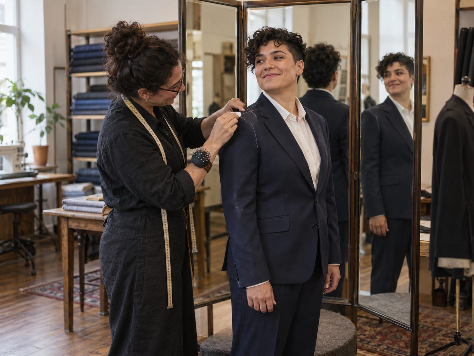 A tailor marking the shoulder of a tailored navy suit jacket with chalk on a person in their thirties whose clothing and presentation do not follow gender lines, in front of a tall three-way mirror in a small tailor's shop, the person smiling at their reflection