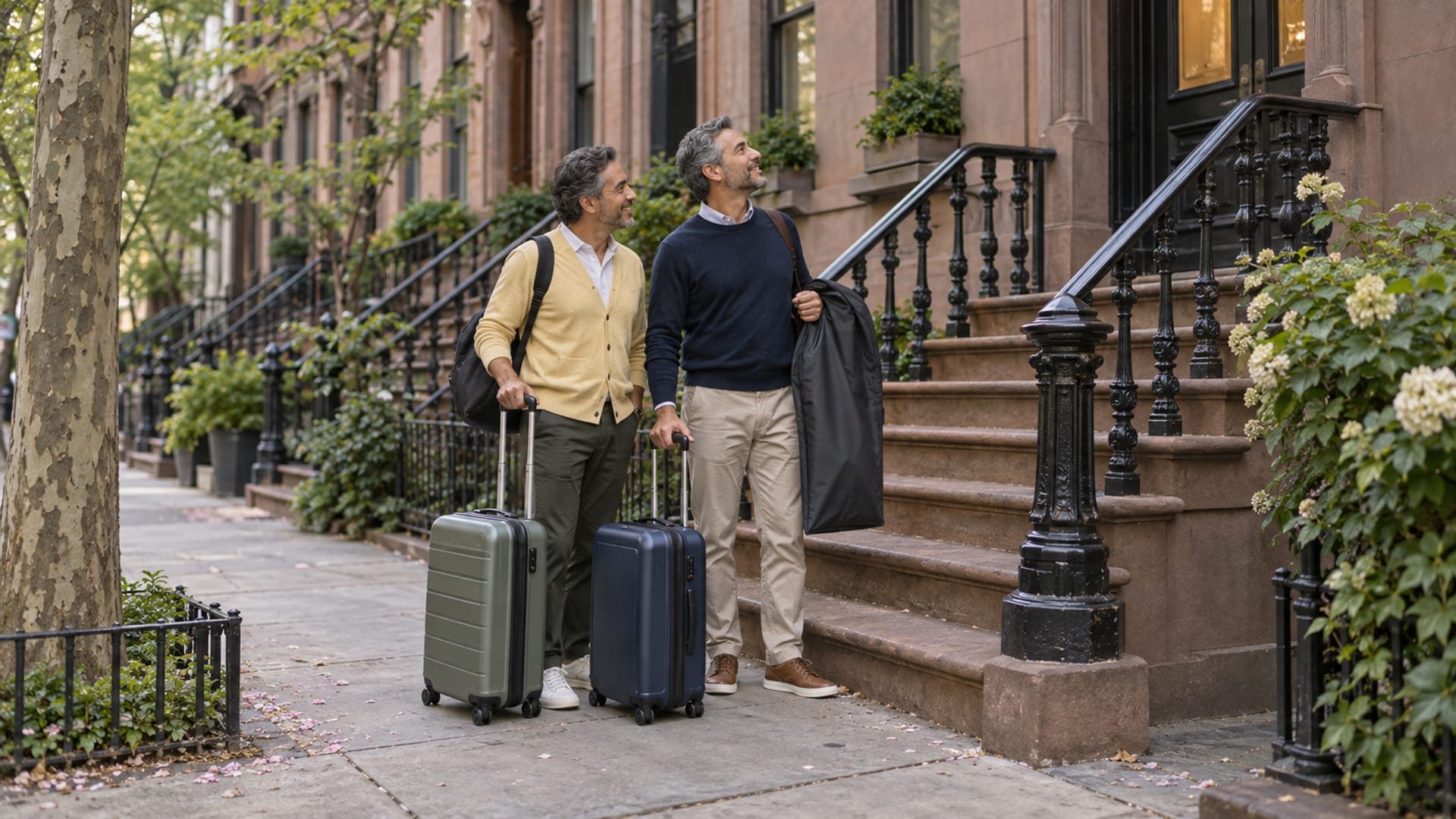 Two men in their fifties, both with light olive skin, arriving at a brownstone stoop with two rolling suitcases and a garment bag, cast iron railings beside the steps