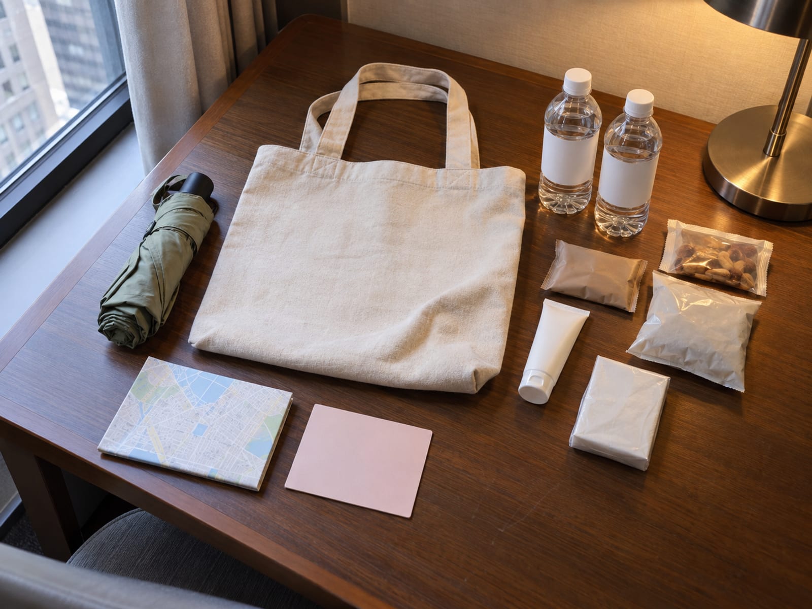 The contents of a wedding welcome bag laid out on a hotel room desk: a plain canvas tote, bottled water with blank labels, snacks in plain wrappers, a small tube of sunscreen, a pocket tissue pack, a compact umbrella, a folded map and a plain card