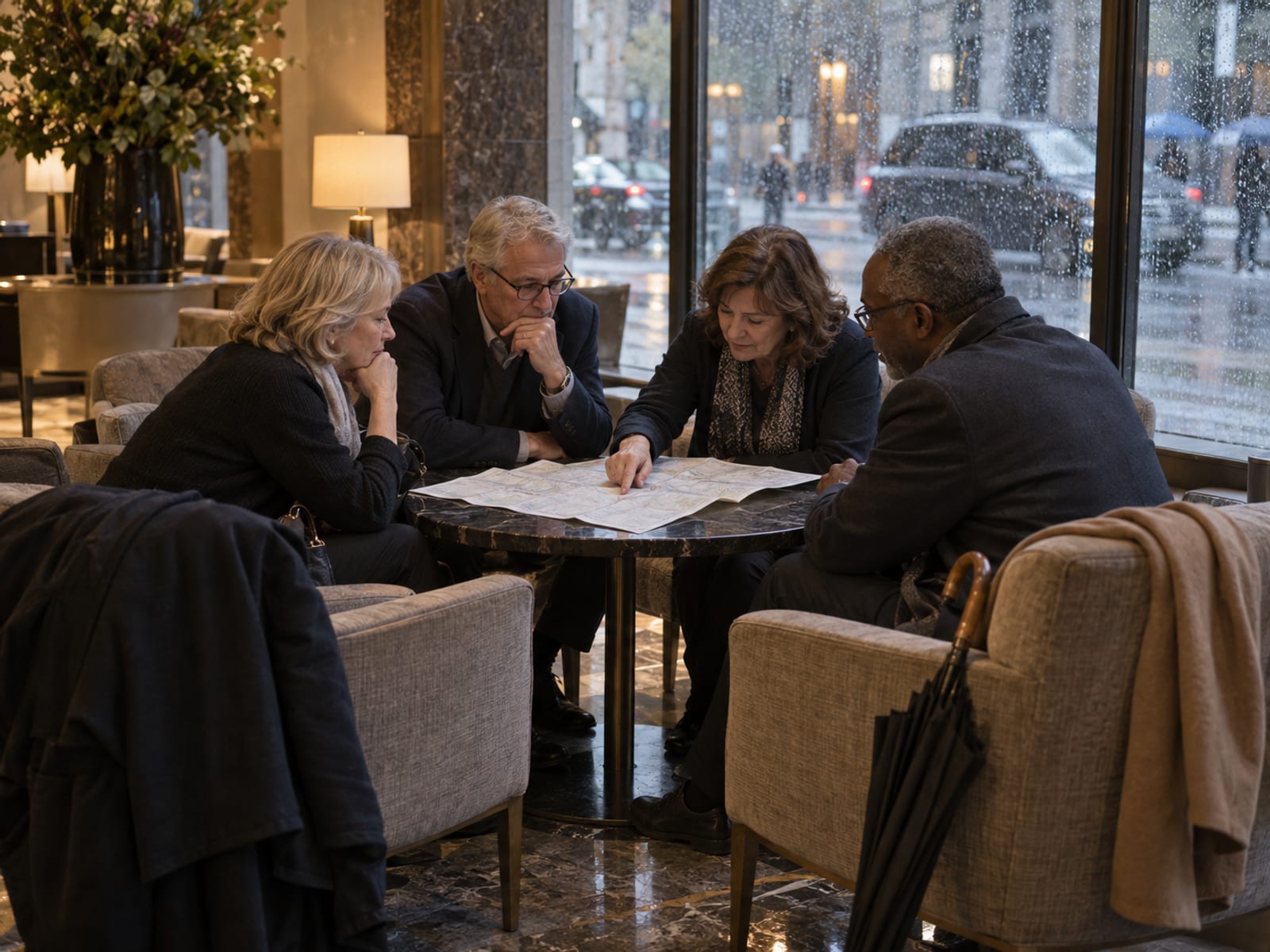 Four out-of-town wedding guests in their fifties and sixties around a small table in a hotel lobby on a November morning, one pointing at a folded paper map, coats over the chairs and a rain-darkened street through the window