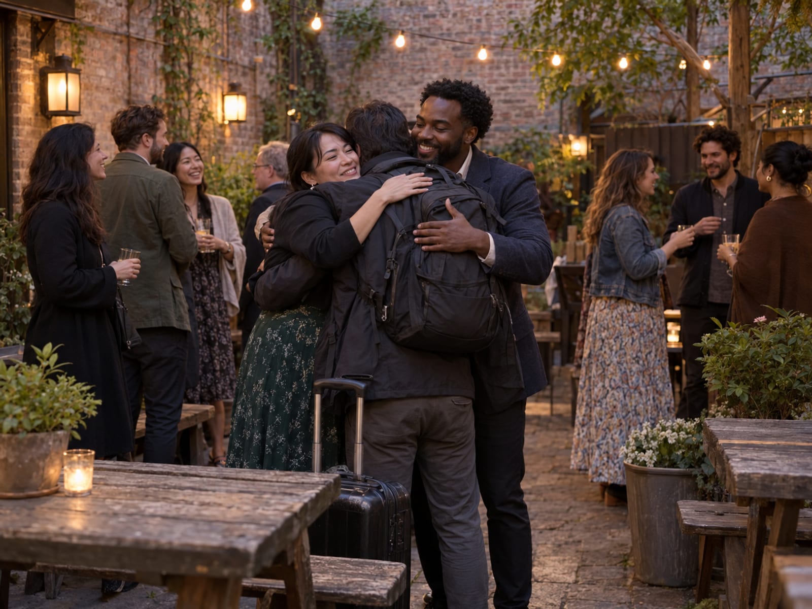 Welcome drinks in the brick-walled back garden of a Brooklyn bar, guests of mixed ages mingling with glasses while a woman and a man in their thirties, one with light skin and East Asian features and one with deep brown skin, hug a newly arrived guest with a small rolling suitcase at their feet