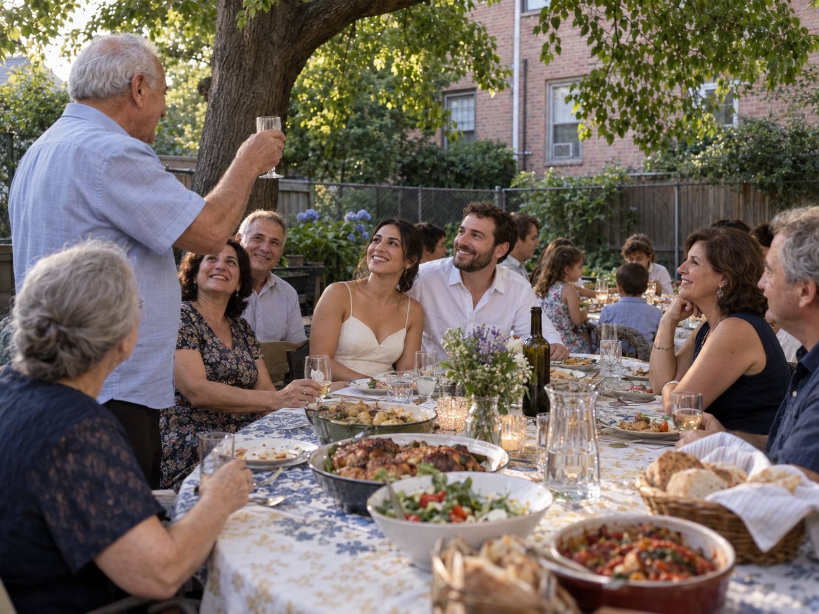 A family dinner in a Queens backyard under a big tree, three generations at one long table, a recently married woman and man in their thirties, one with medium olive skin and one with fair skin, at the centre, a grandparent raising a glass and children at the far end