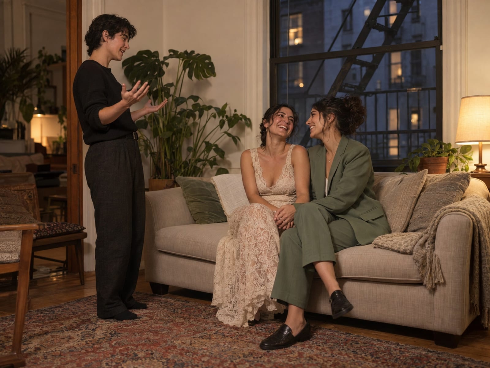 A friend in their twenties rehearsing a wedding ceremony in a living room with hands open, while two women with light olive skin, in a cream lace dress and a sage green suit, sit on a sofa laughing